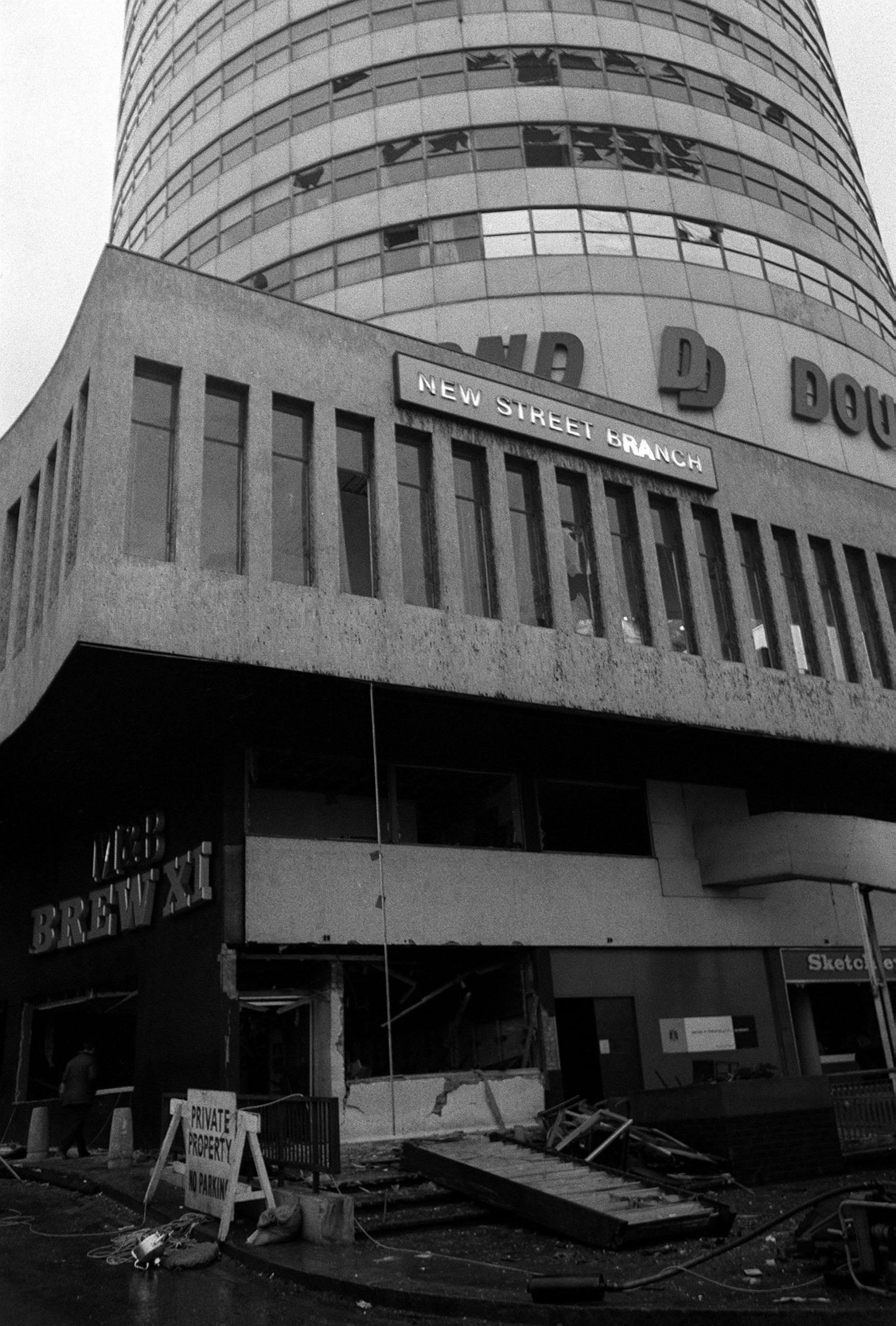 The outside of the Mulberry Bush pub in the Rotunda building in central Birmingham after the bombing