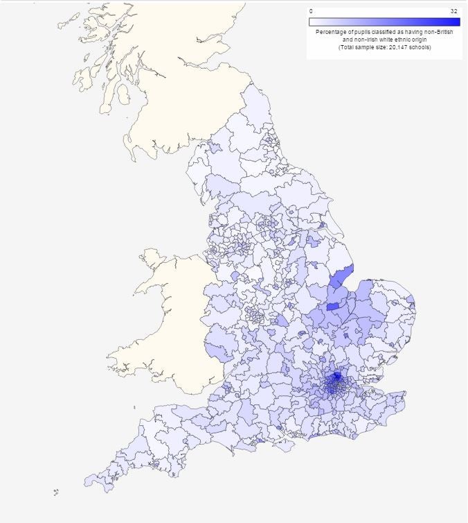 Percentage of pupils classified as having non-British and non-Irish white ethnic origin