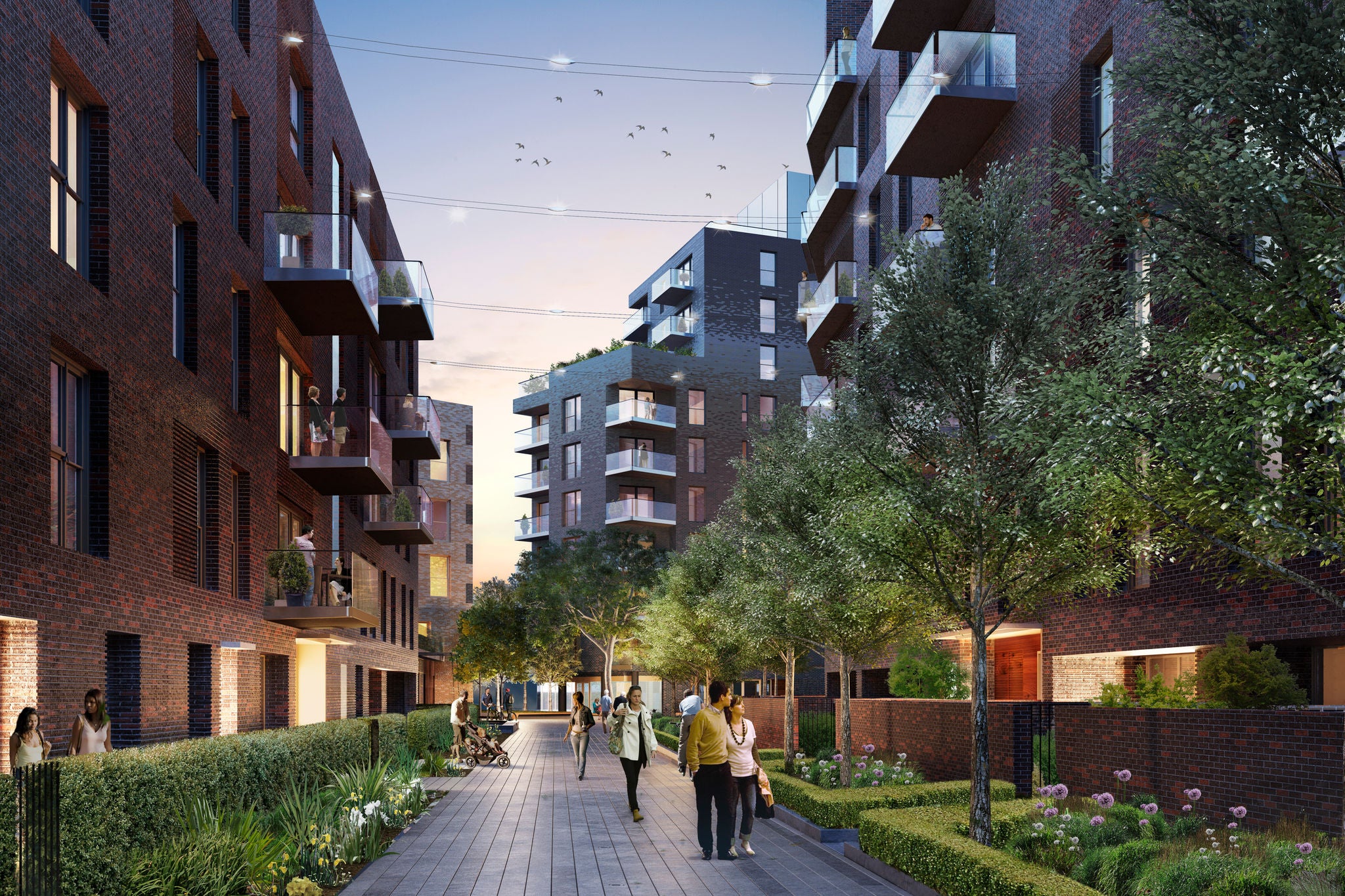 The Heygate Estate in south London as it was in 2013. Below: how the area will look when construction of Trafalgar Place is complete (Getty)