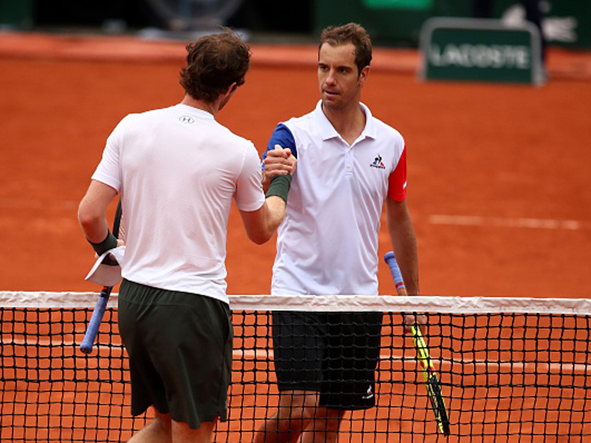 Richard Gasquet congratulates Andy Murray on his quarter-final victory in Paris (Getty)