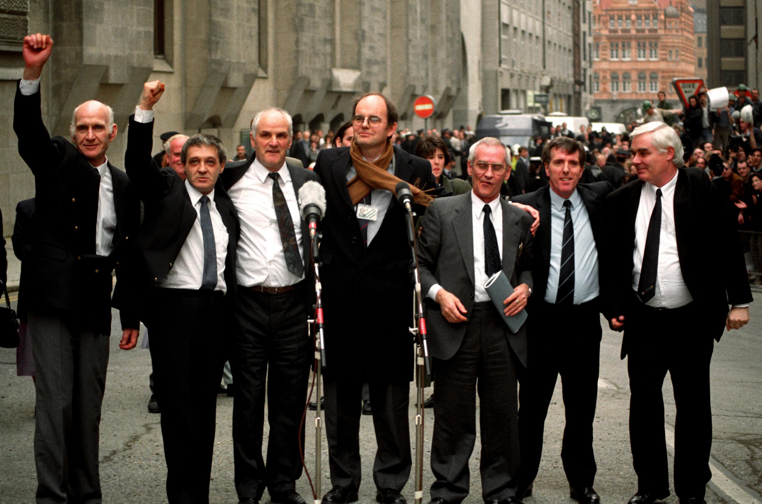 Birmingham Six outside the Old Bailey in London, after their convictions were quashed. (Left to right) John Walker, Paddy Hill, Hugh Callaghan, Chris Mullen MP, Richard McIlkenny, Gerry Hunter and William Power.