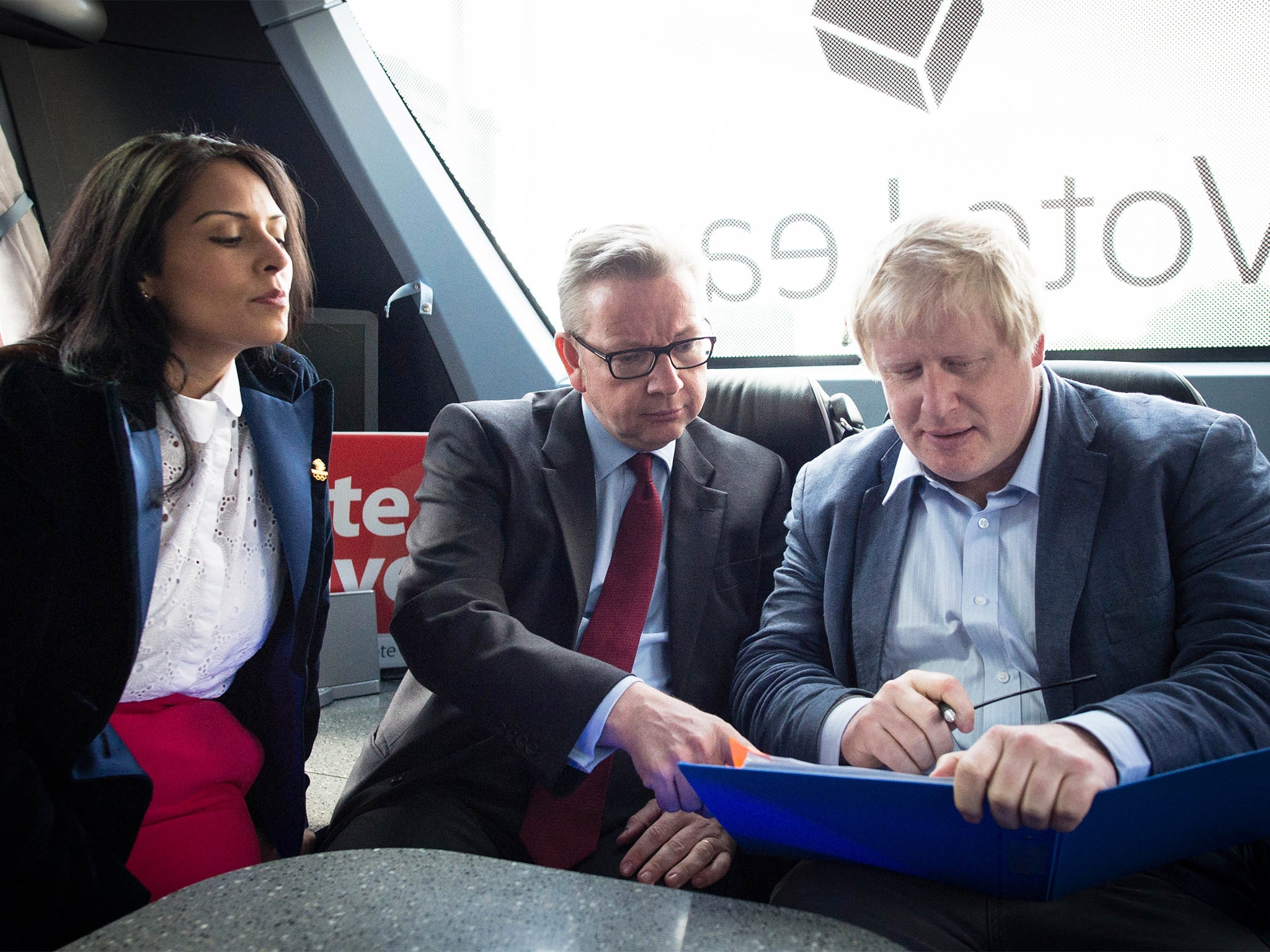 Priti Patel, Michael Gove and Bors Johnson on the Vote Leave campaign bus