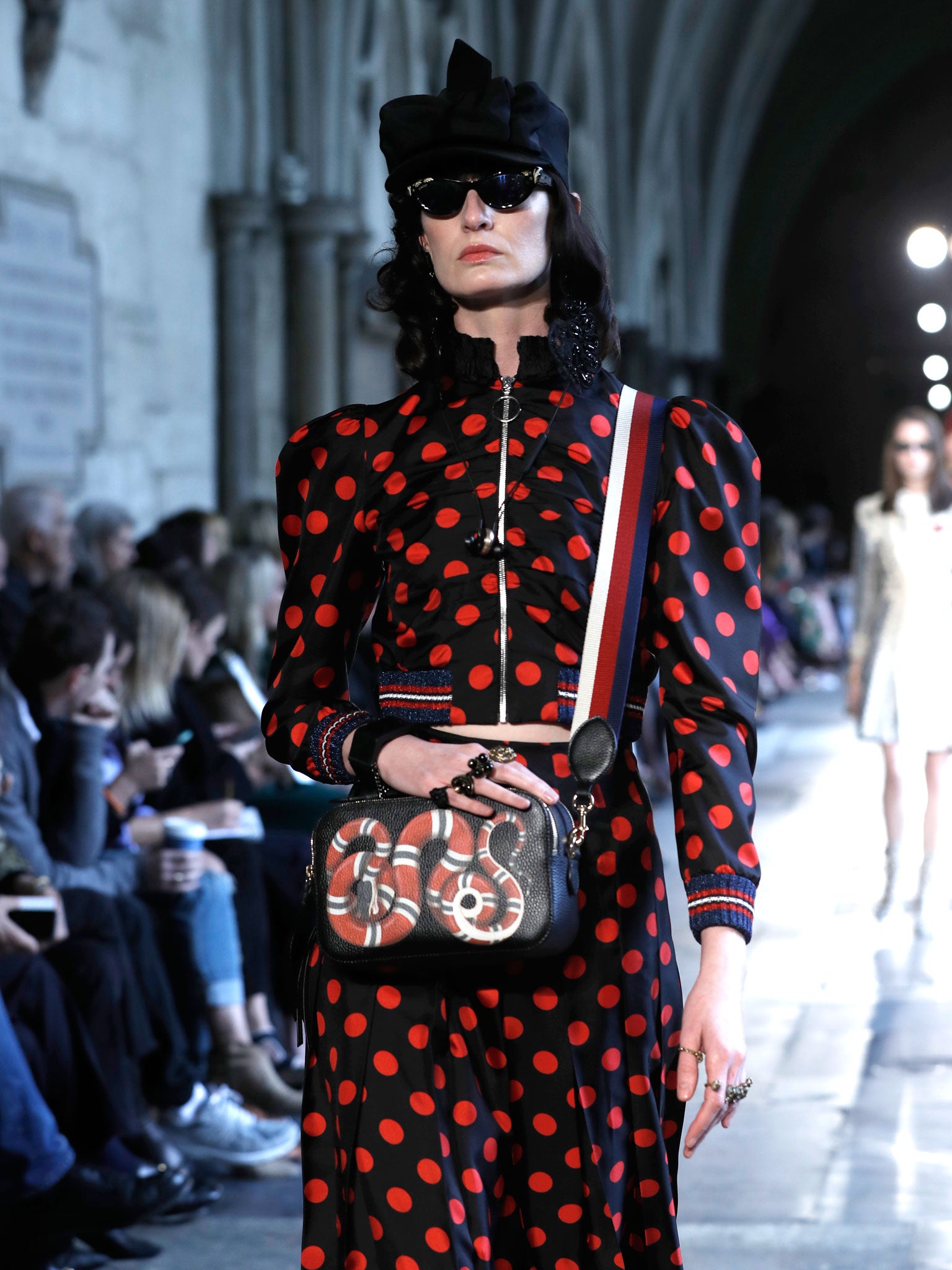 British model Erin O'Connor in the Gucci Cruise 2017 show