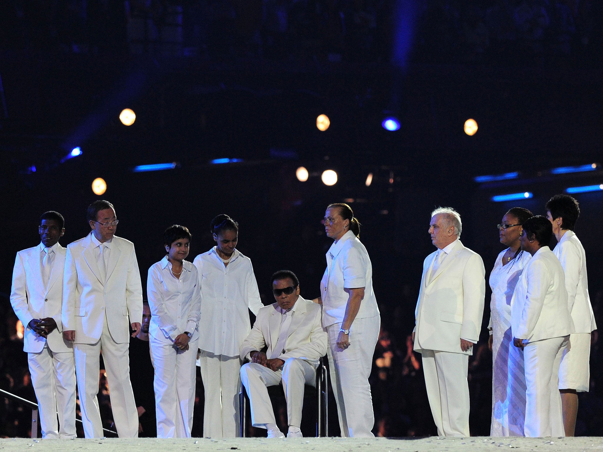 Muhammad Ali with other flag bearers including Ban ki-Moon and Doreen Lawrence during the opening ceremony of the London 2012 Olympic Games