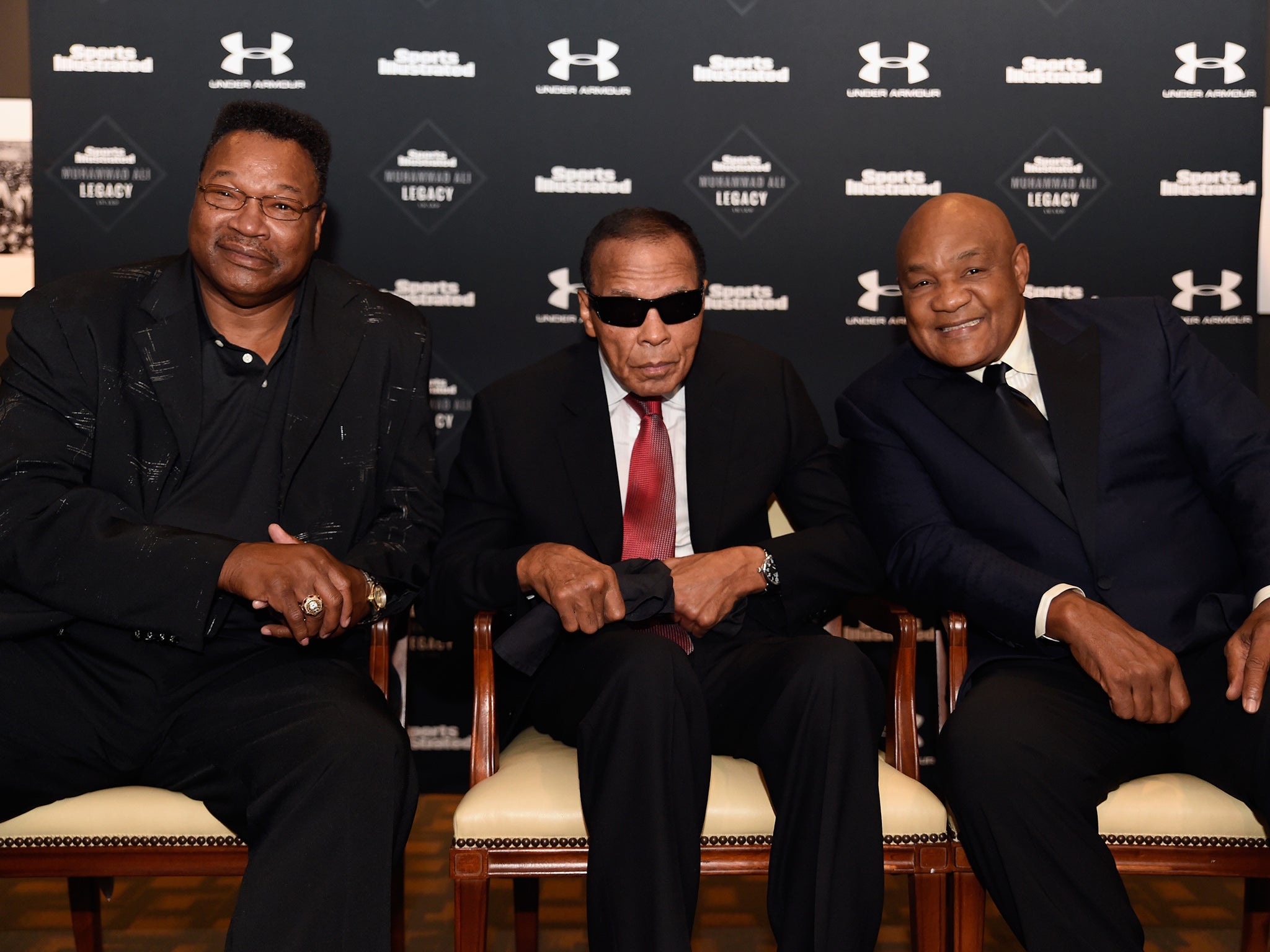 Larry Holmes, Muhammad Ali and George Foreman, pictued together in October 2015