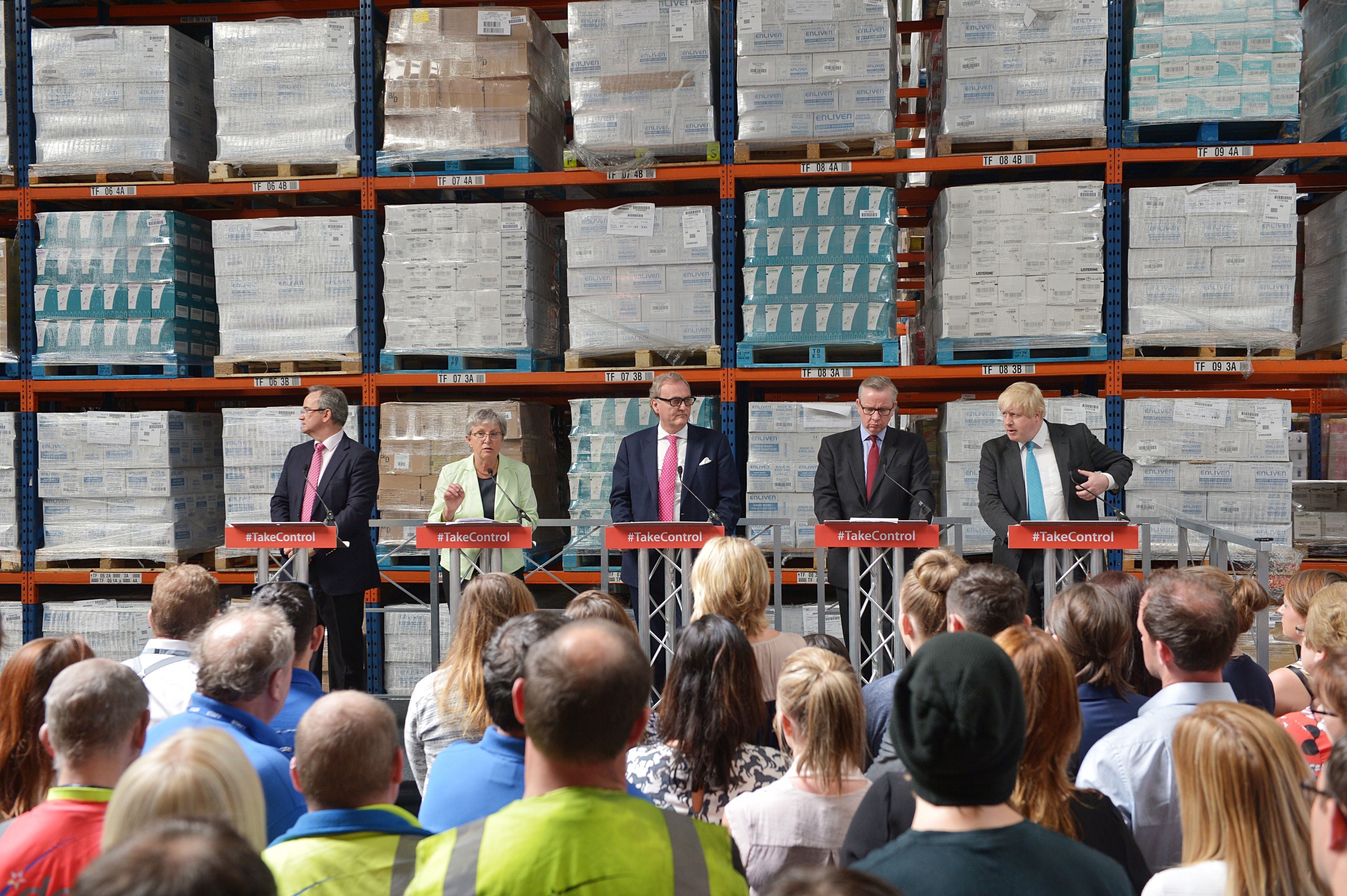 Denys Shortt, Gisela Stuart, John Longworth, Michael Gove and Boris Johnson warn the staff of a chemical distribution company about the dangers of the EU.