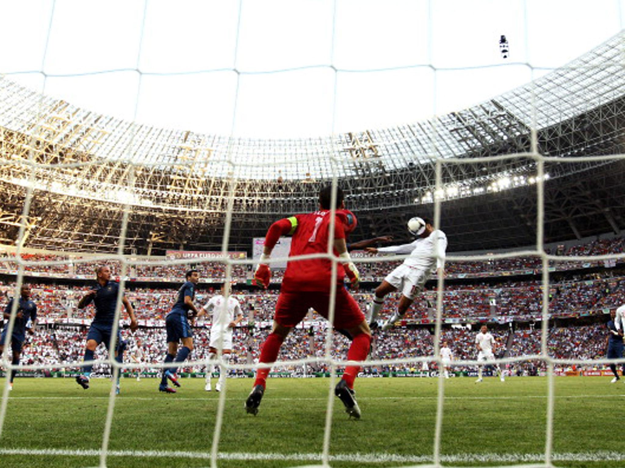 Joleon Lescott heads England ahead against France in their Euro 2012 opener but the Three Lions were unable to hold on (Getty)