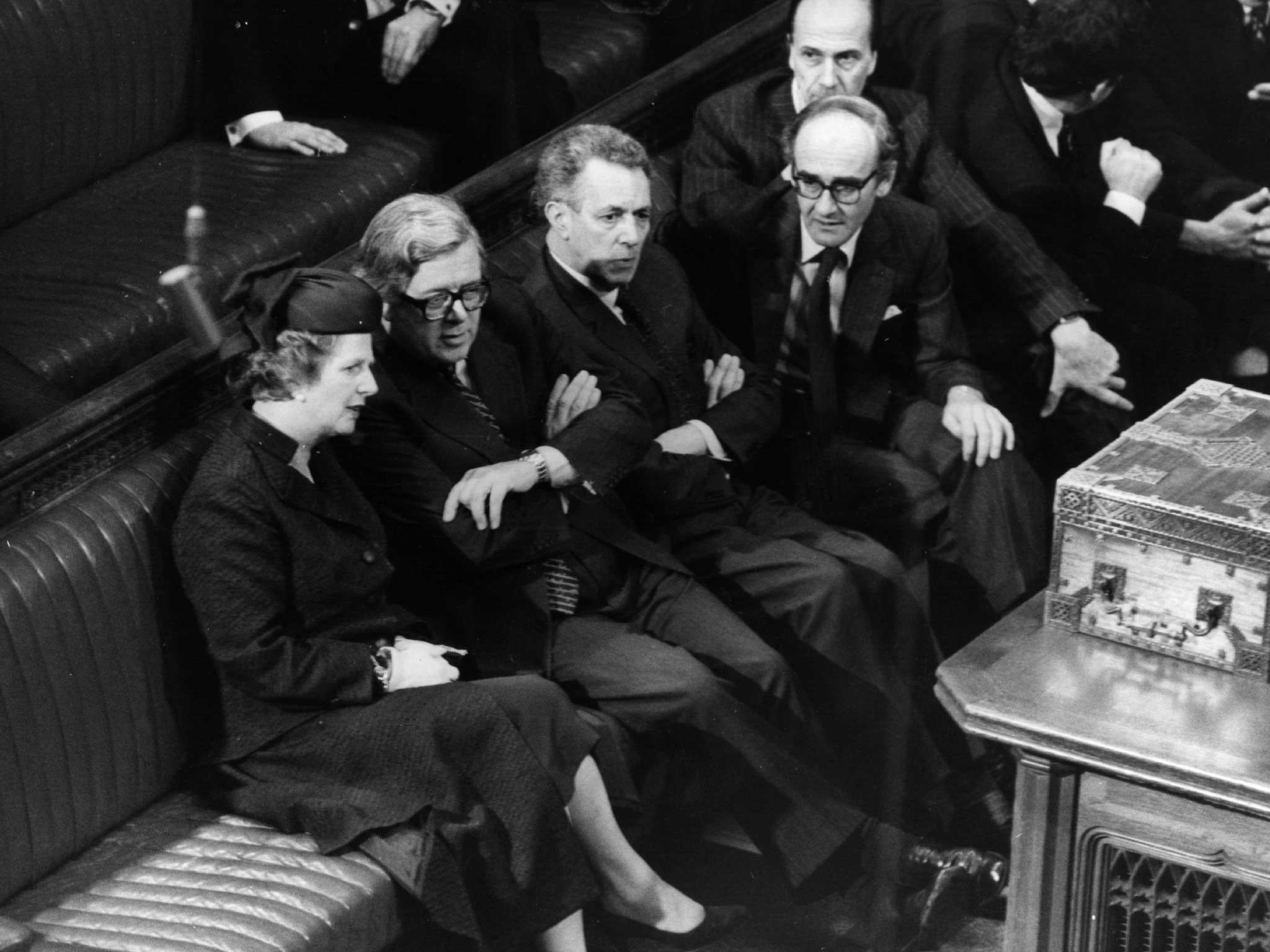 British Conservative Prime Minister, Margaret Thatcher, with Geoffrey Howe, Keith Joseph, John Nott, Norman Tebbit on the Conservative front bench in the House of Commons on 4 November 1981 (Getty )