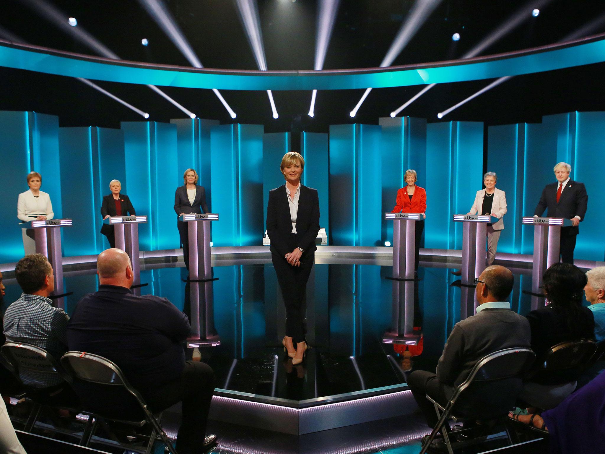 (L-R) Nicola Sturgeon, Angela Eagle, Amber Rudd, Julie Etchingham, Andrea Leadsom, Gisela Stuart and Boris Johnson did battle in the ITV Referendum Debate