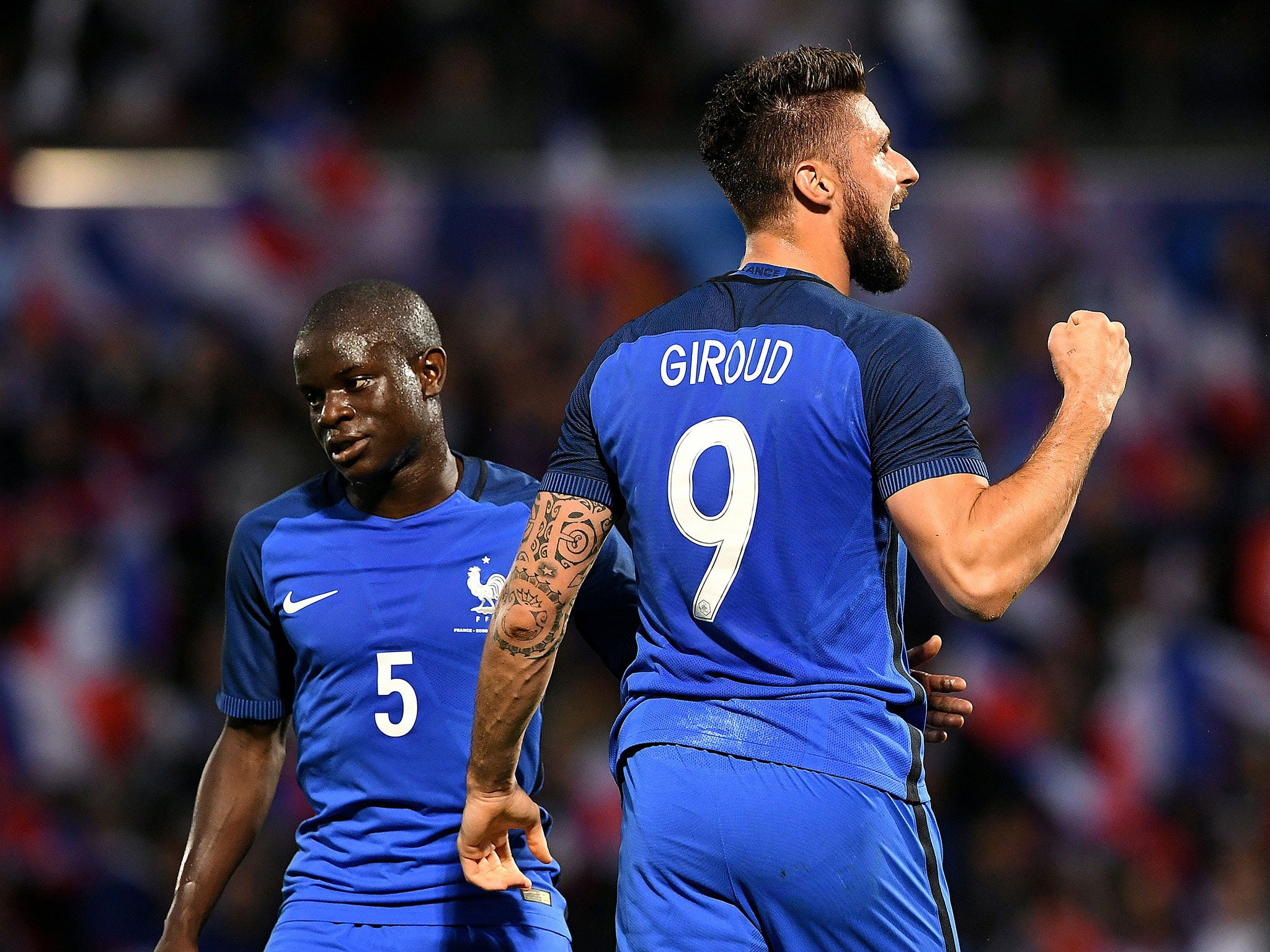 N'Golo Kante on France duty with Arsenal striker Olivier Giroud