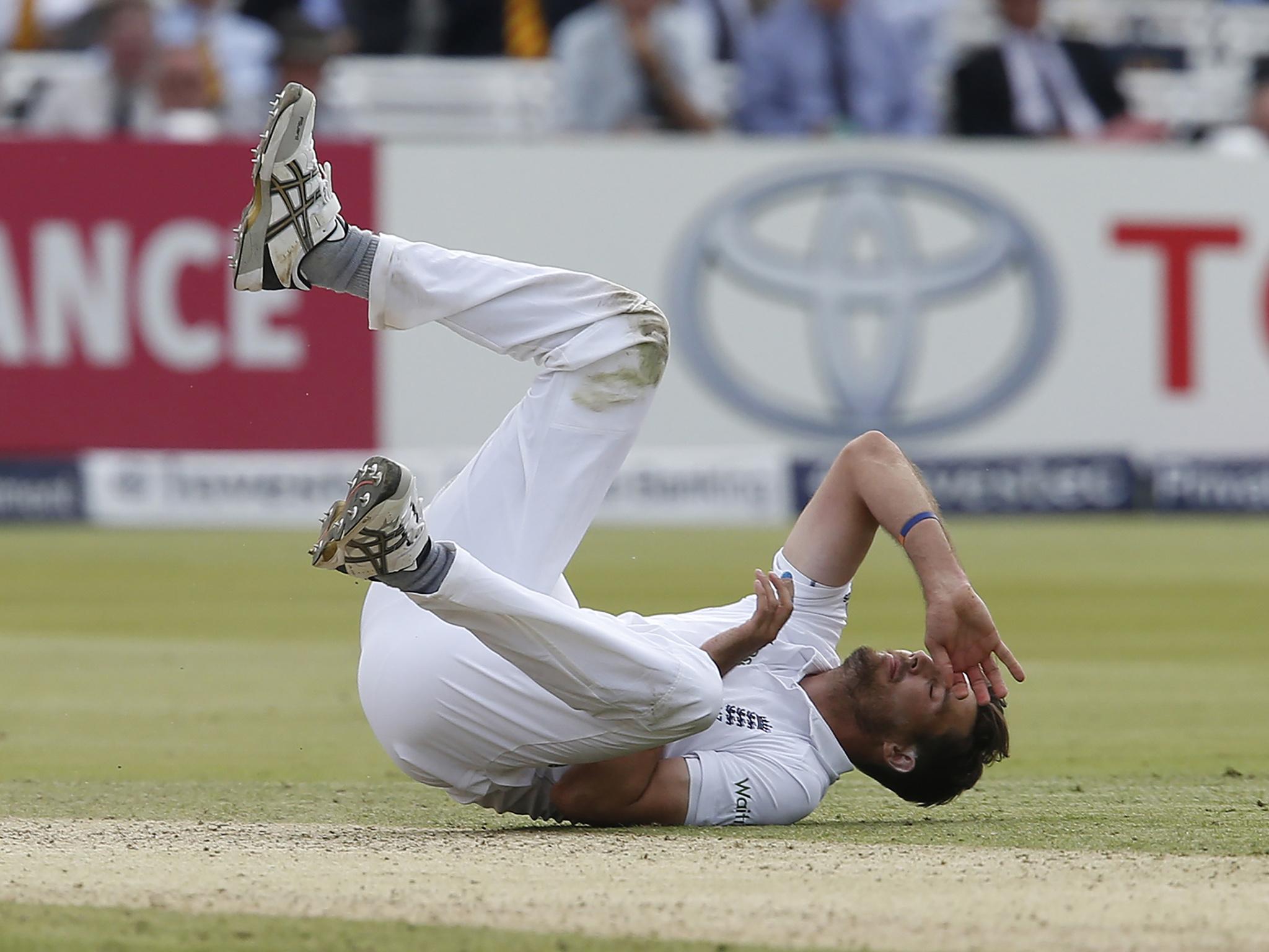 Finn hits the deck harder than one of his deliveries on day two at Lord's