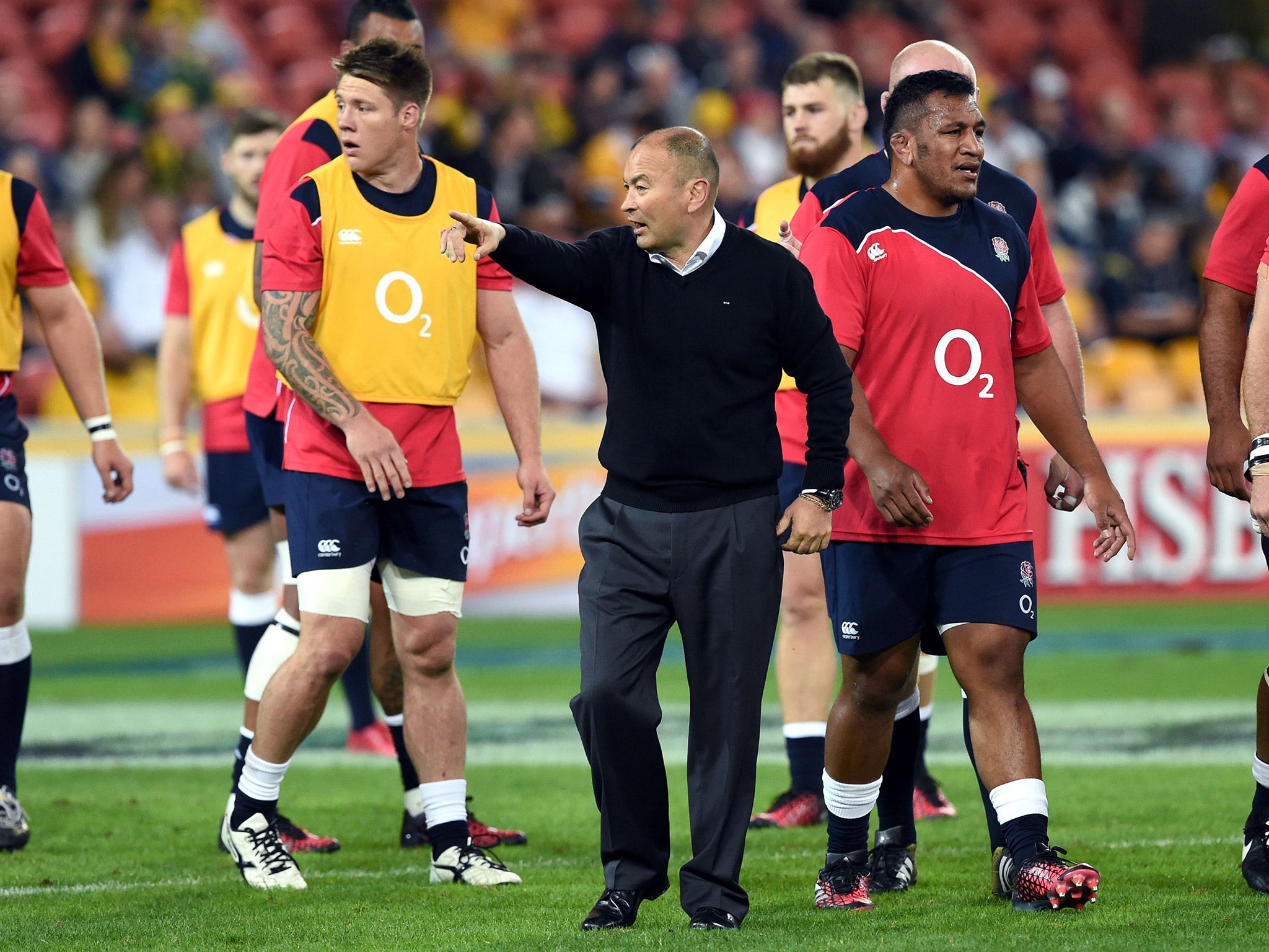 &#13;
England head coach Eddie Jones leads England's warm-up &#13;