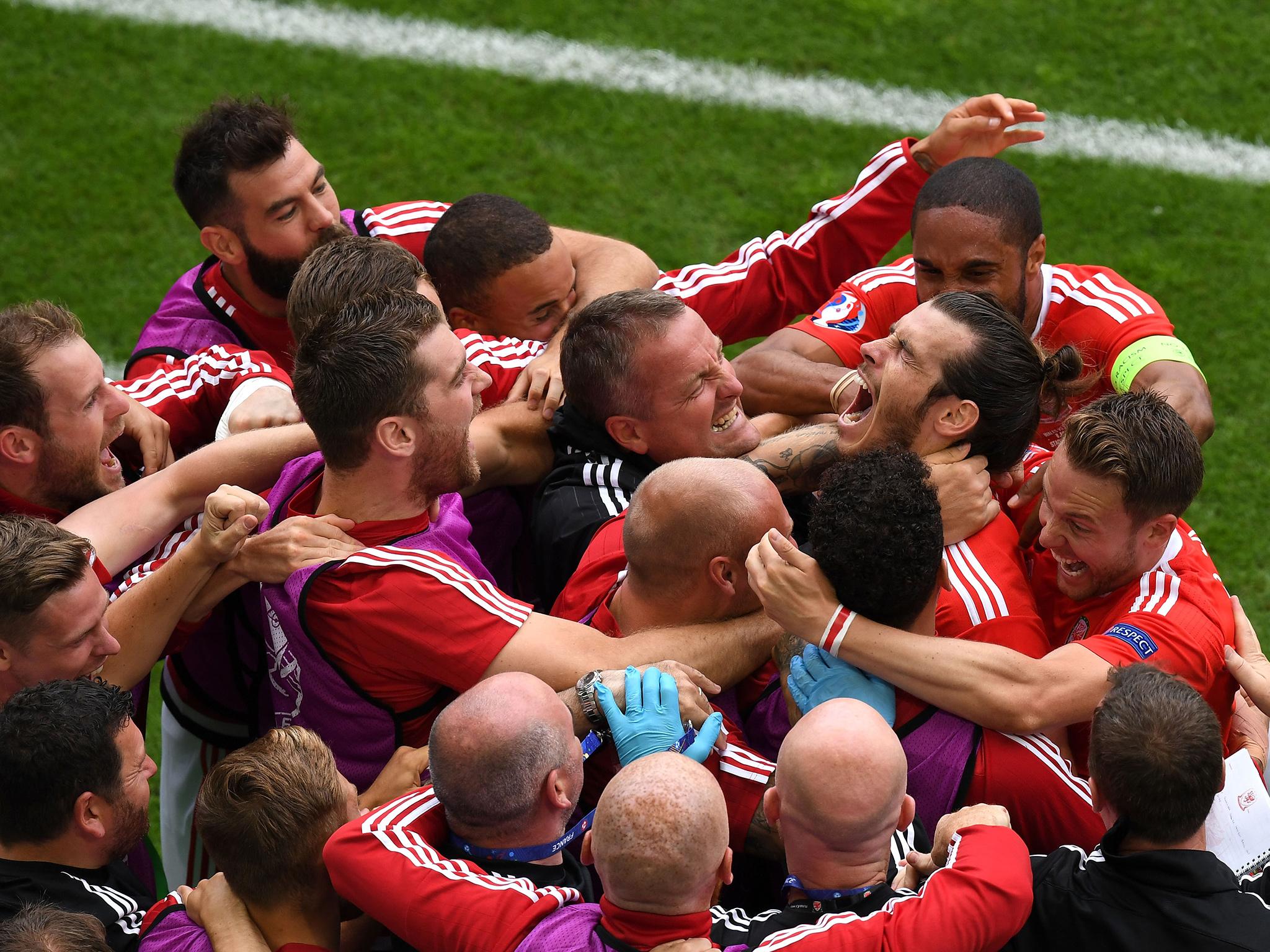 Bale celebrated his opening goal with the Wales bench