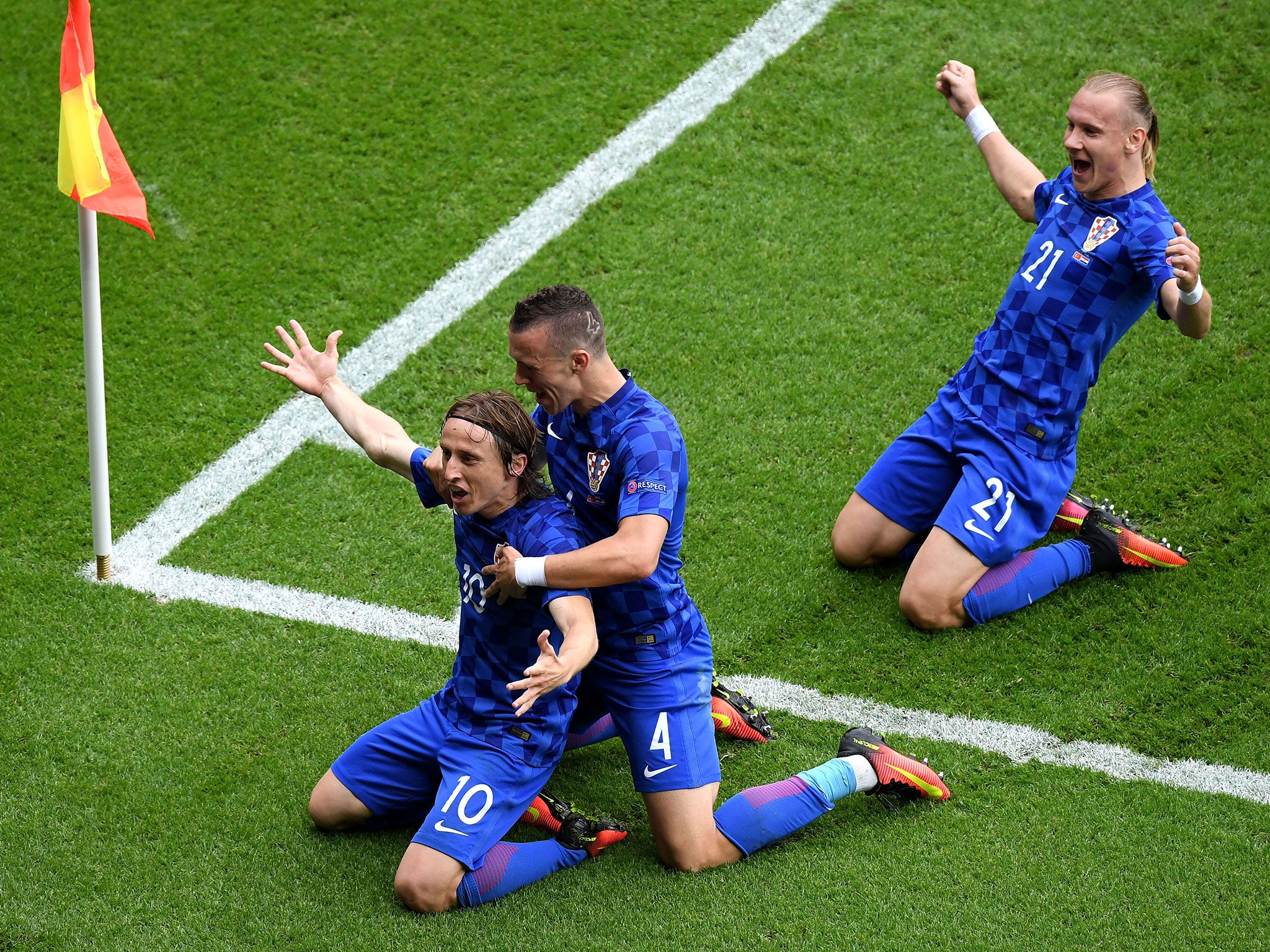 Luka Modric celebrates his wonderful goal for Croatia against Turkey