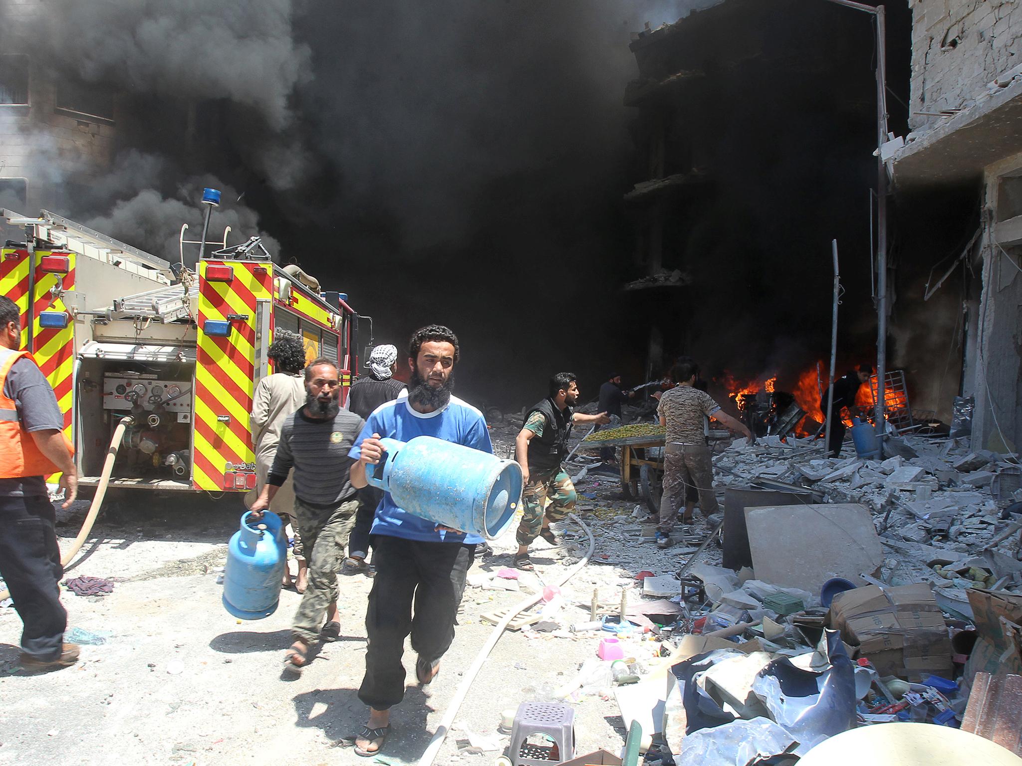 The airstrikes struck a crowded market and an apartment block