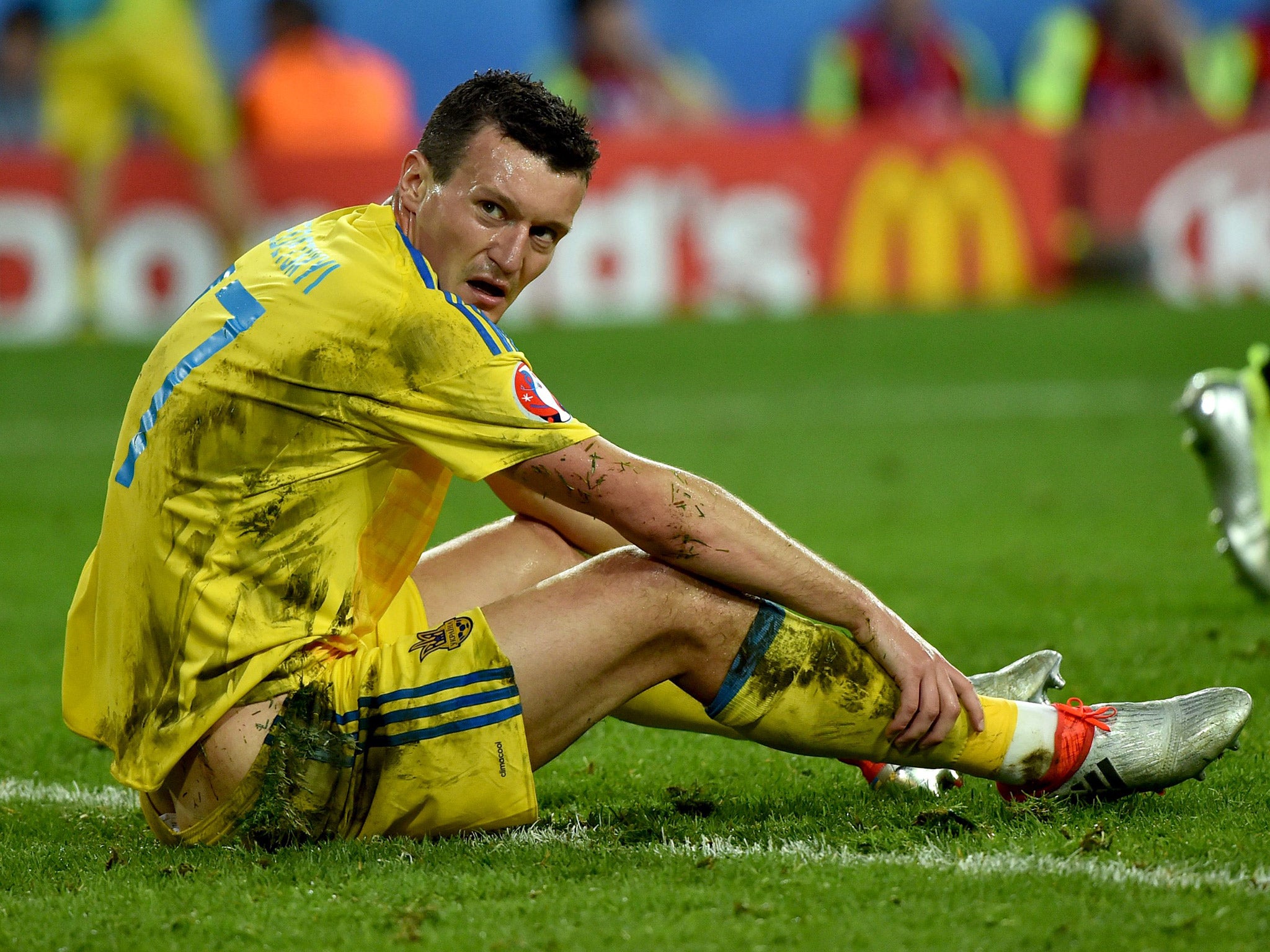 Artem Fedetskiy appears dejected after Ukraine concede a second goal