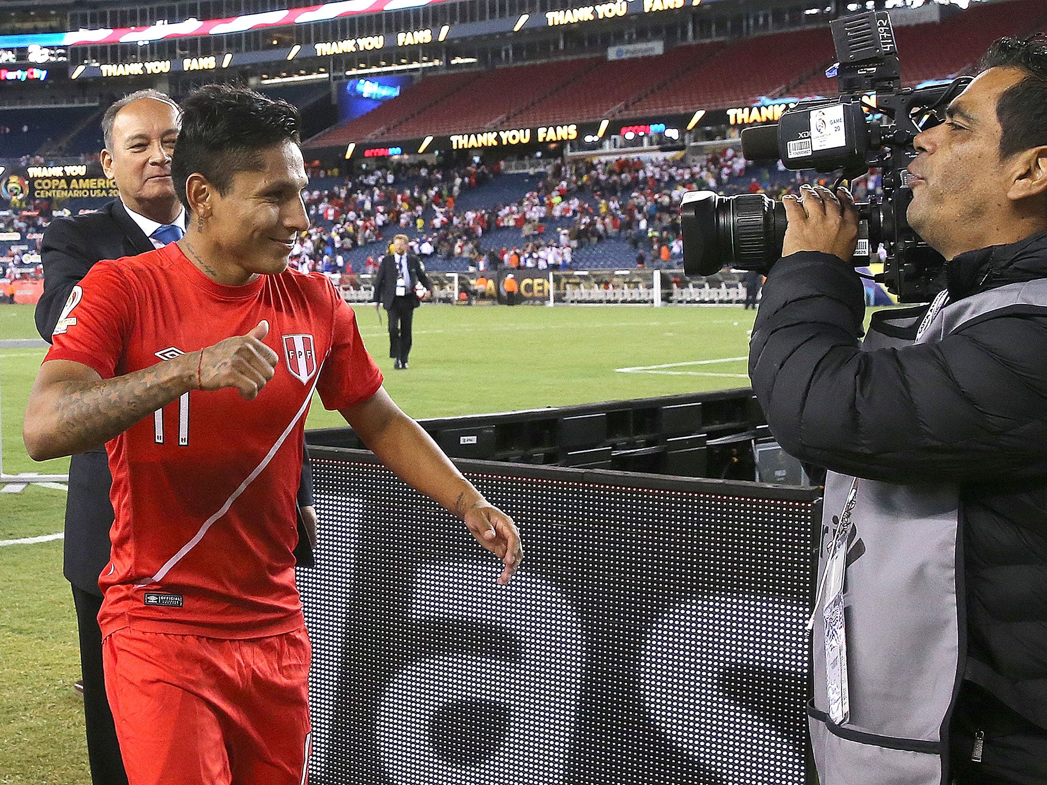 Raul Ruidiaz celebrates after knocking out Brazil