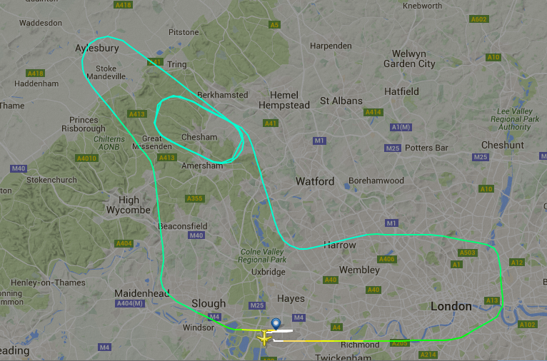 The flight's looped path returning to London Heathrow shortly after take off