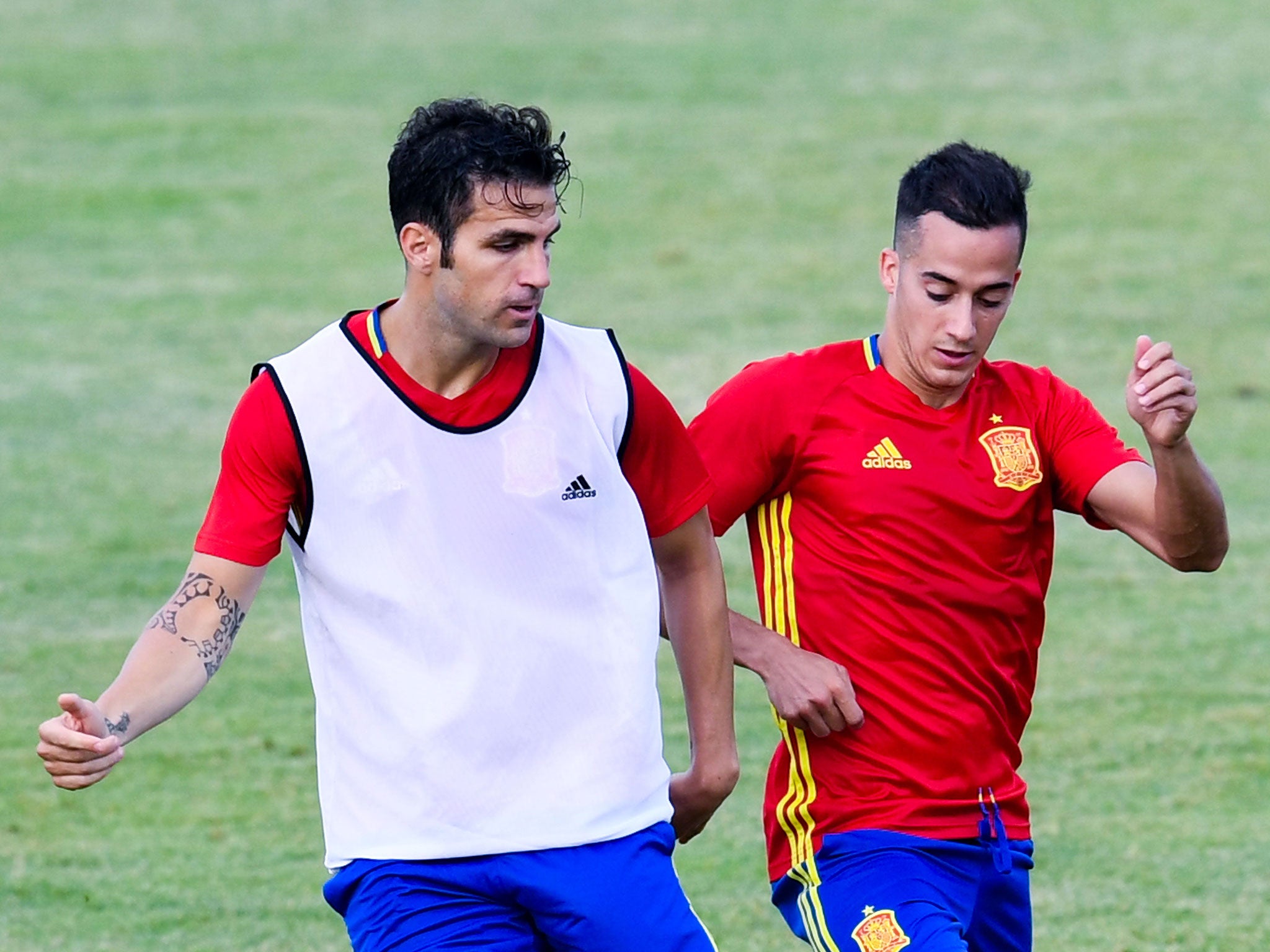 Cesc Fabregas warms up for Euro 2016