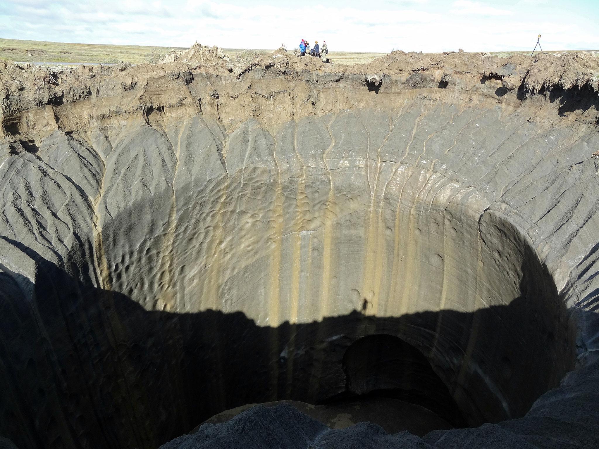 A crater on the Yamal Peninsula, northern Siberia. Russian scientists have now discovered seven giant craters in remote Siberia