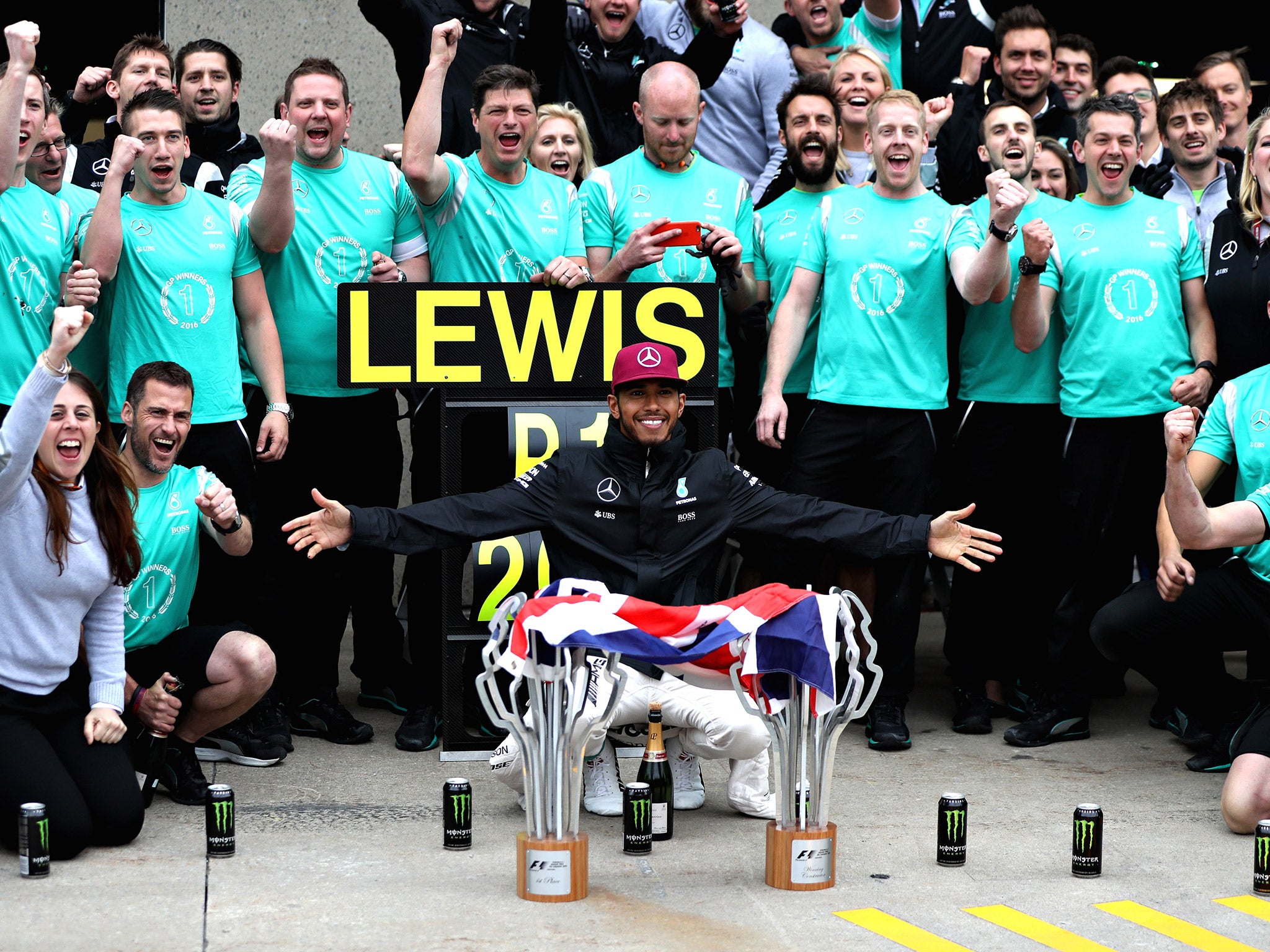 Lewis Hamilton celebrates with his Mercedes team after winning the Canadian Grand Prix