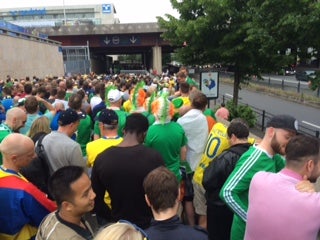 Republic of Ireland and Sweden fans queing at the Gare du Nord station after the 1-1 draw at the Stade de France