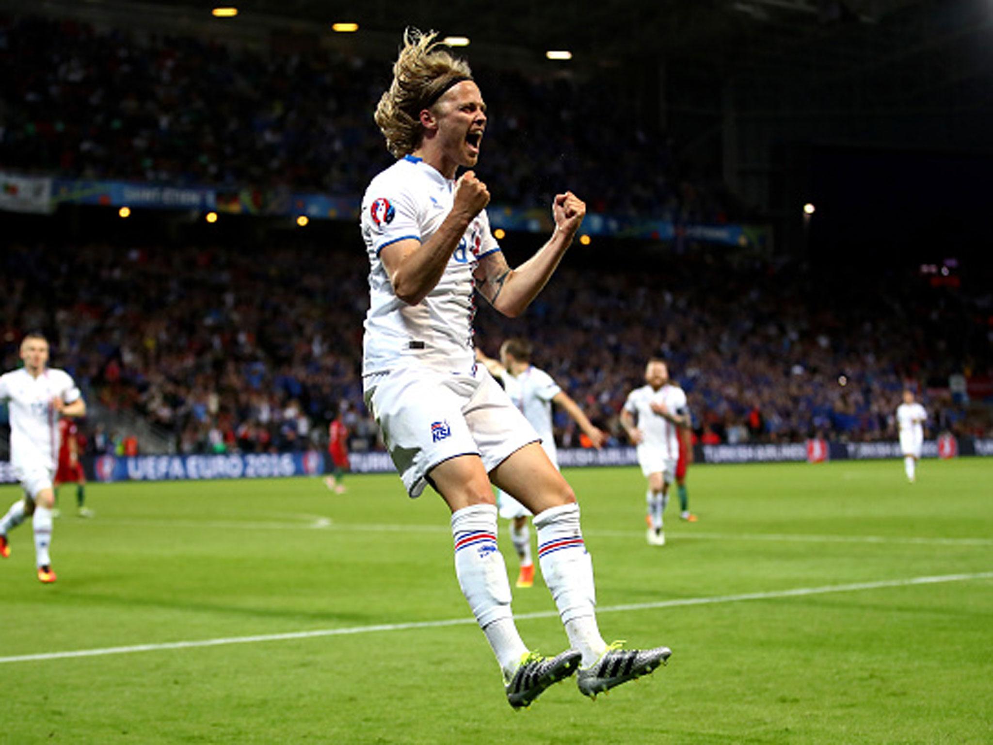 Birkir Bjarnason celebrates his equaliser for Iceland against Portugal on Tuesday (Getty)