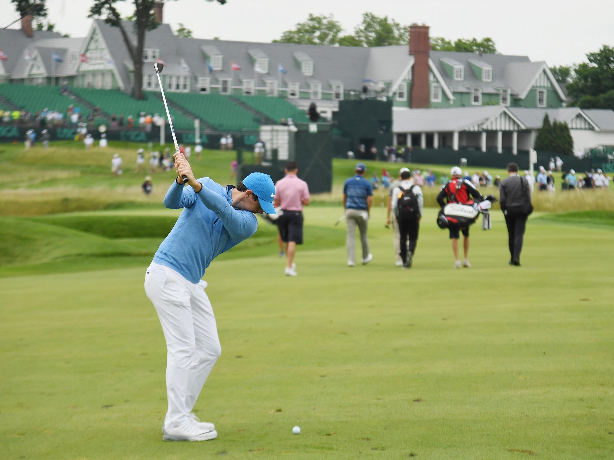 McIlroy plays a shot during a practice round at Oakmont