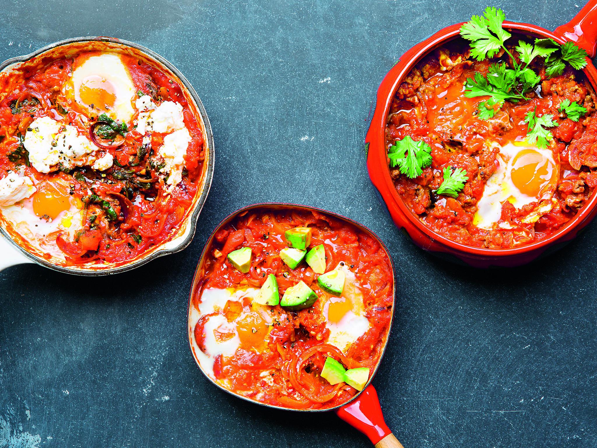 Shakshuka four ways, based on a staple tin of tomatoes (recipes below)