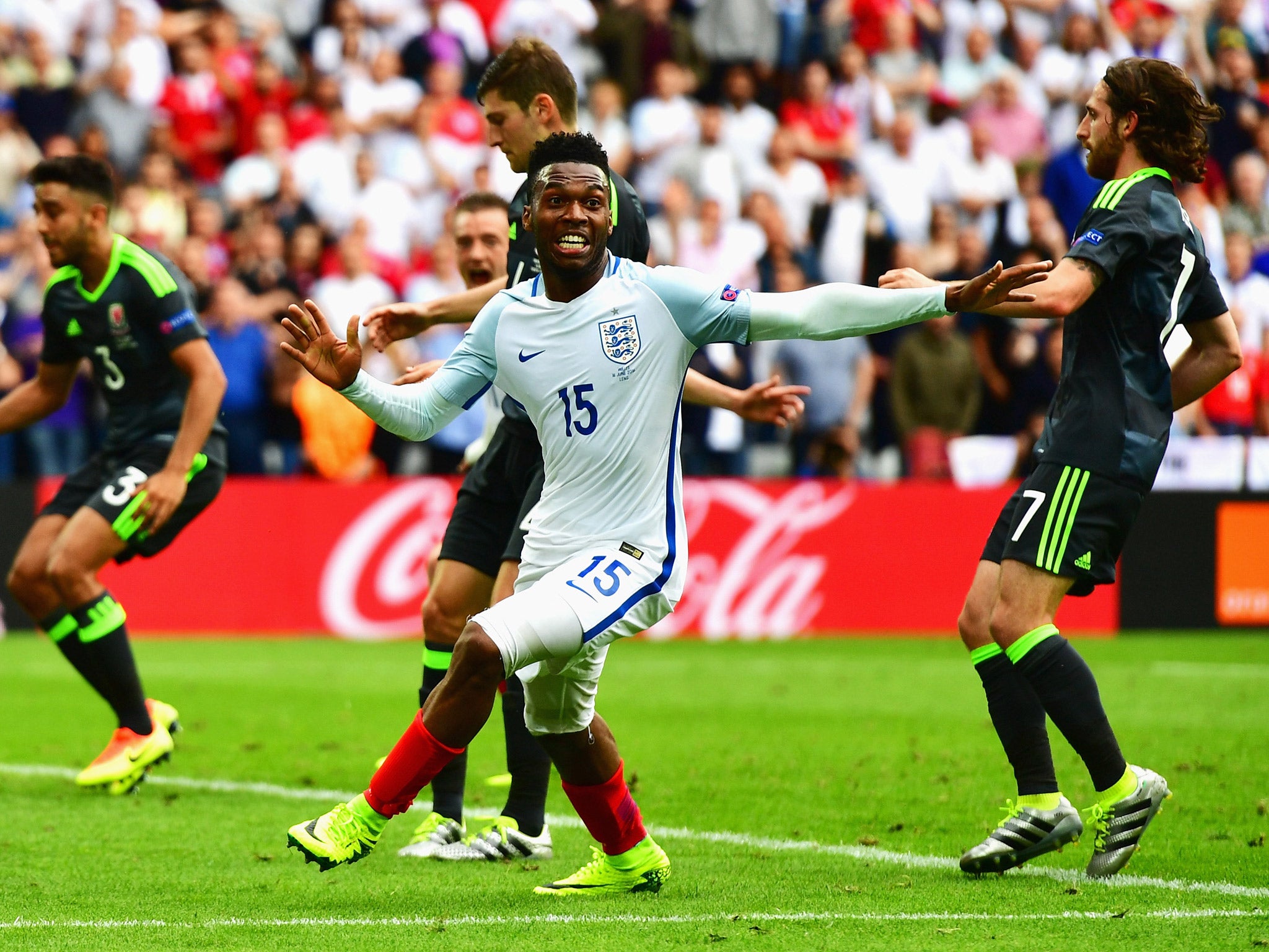 Daniel Sturridge celebrates after scoring the winner against Wales