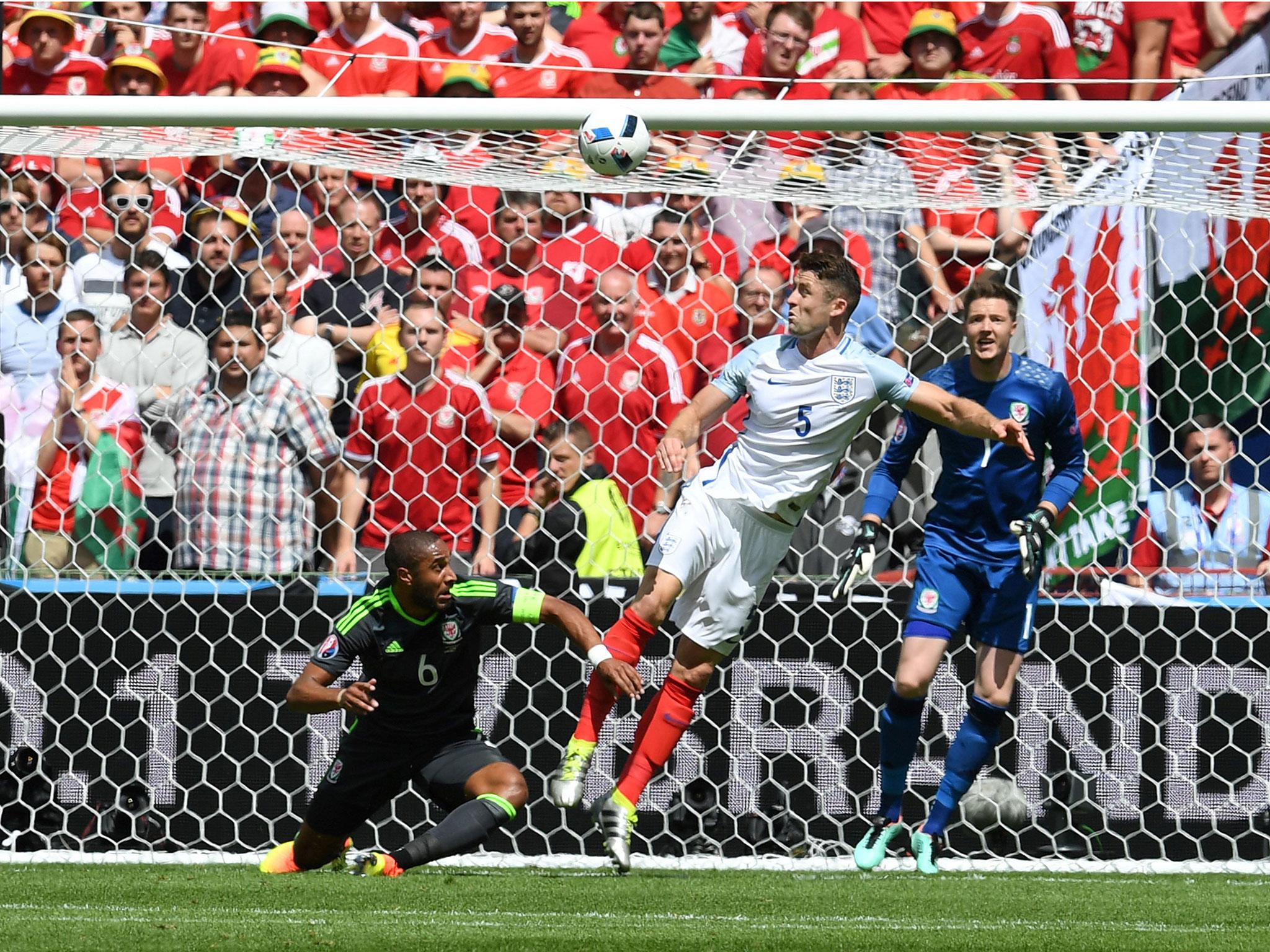 Ashley Williams loses his composure as Gary Cahill heads for goal for England in Lens