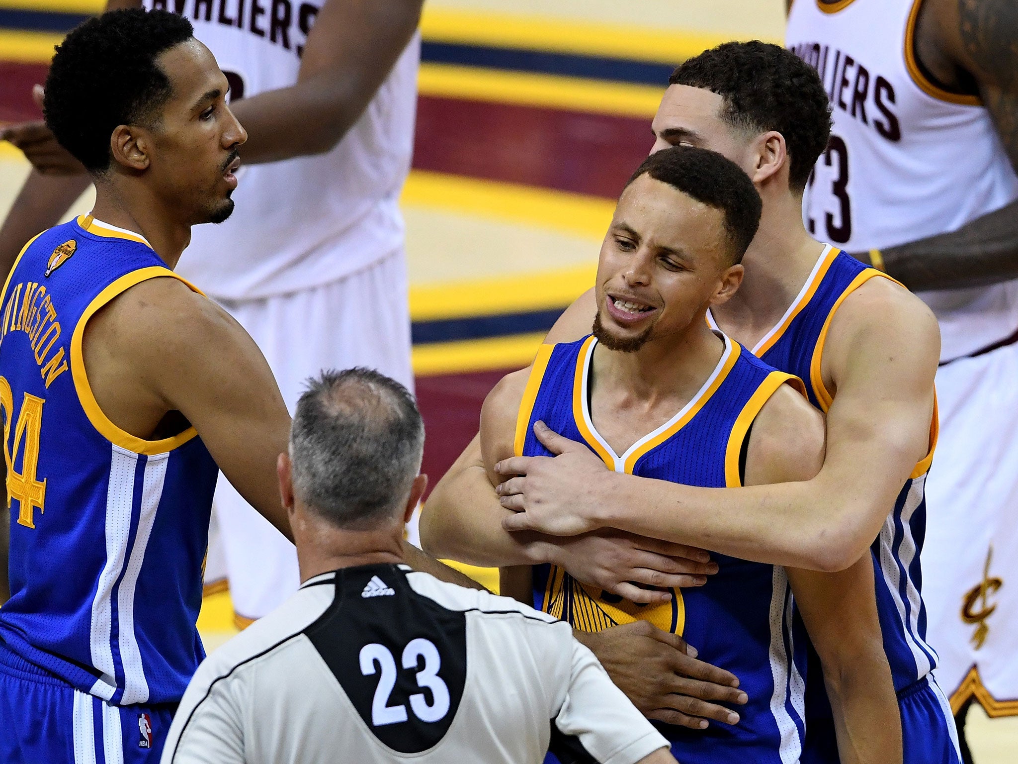 Stephen Curry reacts to a decision from the referee