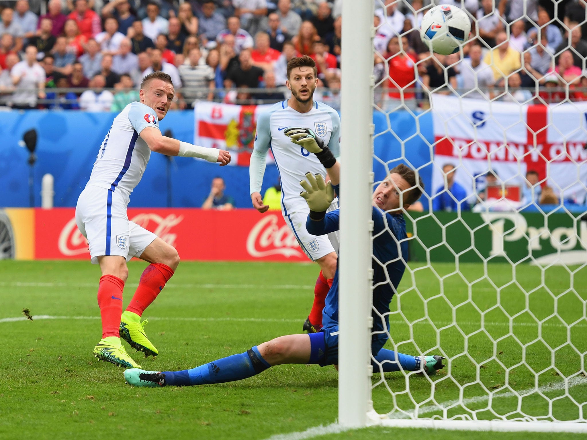 Jamie Vardy sweeps home England's equaliser against Wales