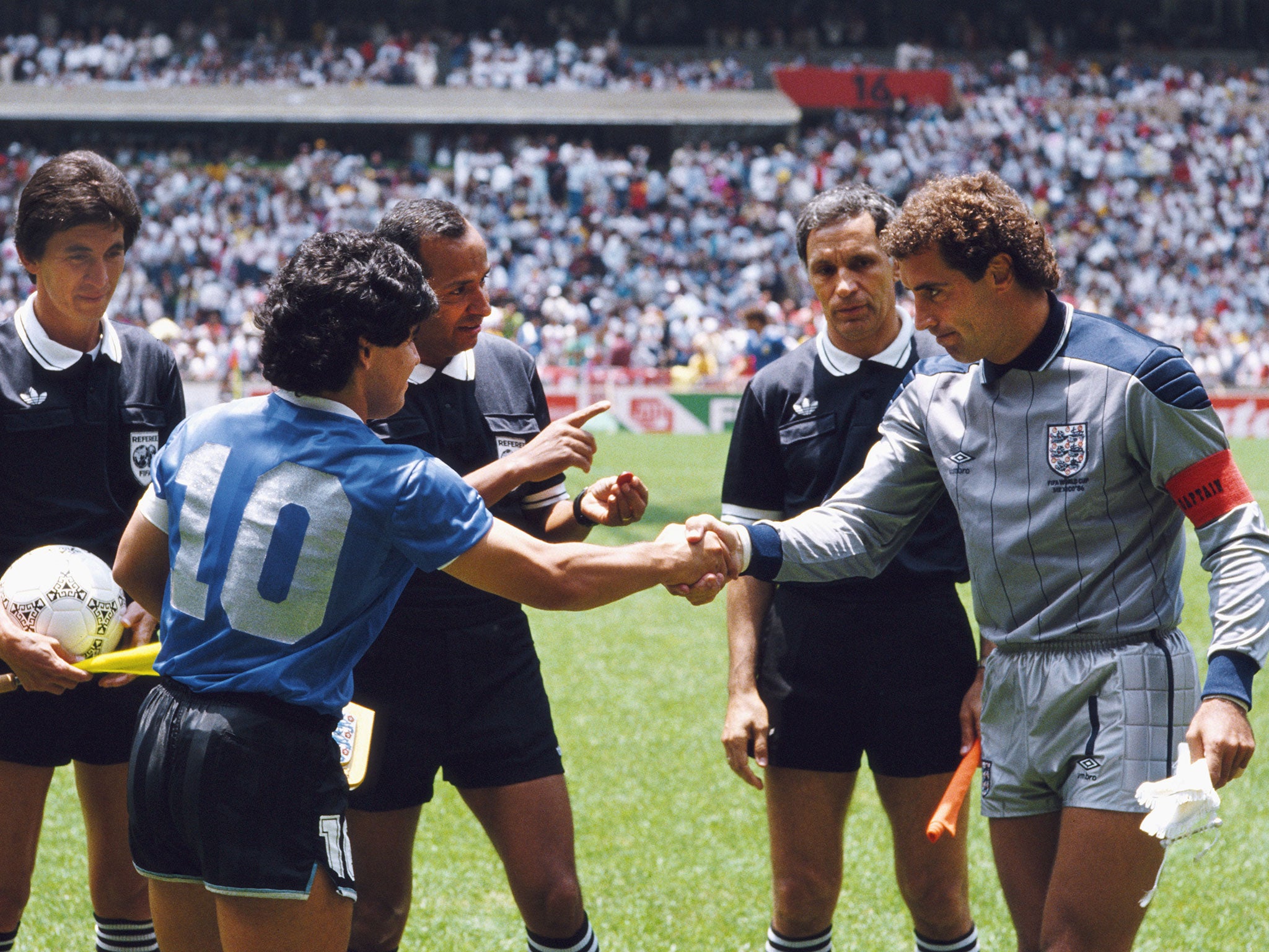 Diego Maradona and Peter Shilton before kick-off in the 1986 World Cup final. Shilton has never forgiven Maradona for the 'hand of God' goal