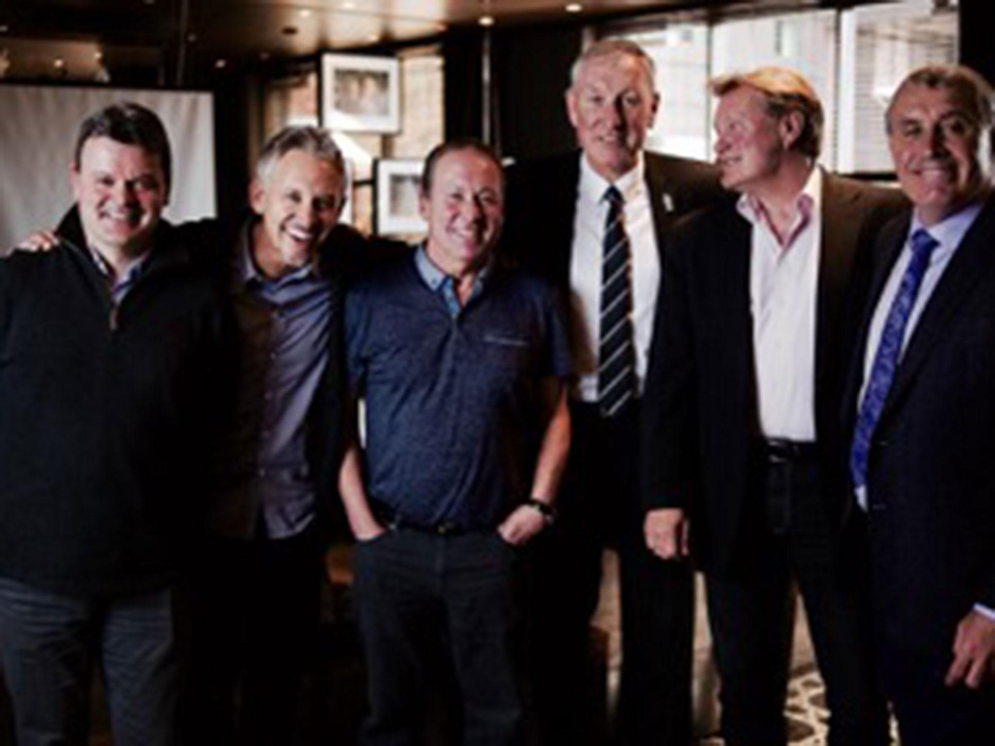 Six members of the 1986 England team (from left Steve Hodge, Gary Lineker, Kenny Sansom, Terry Butcher and Peter Shilton) chat about the Hand of God