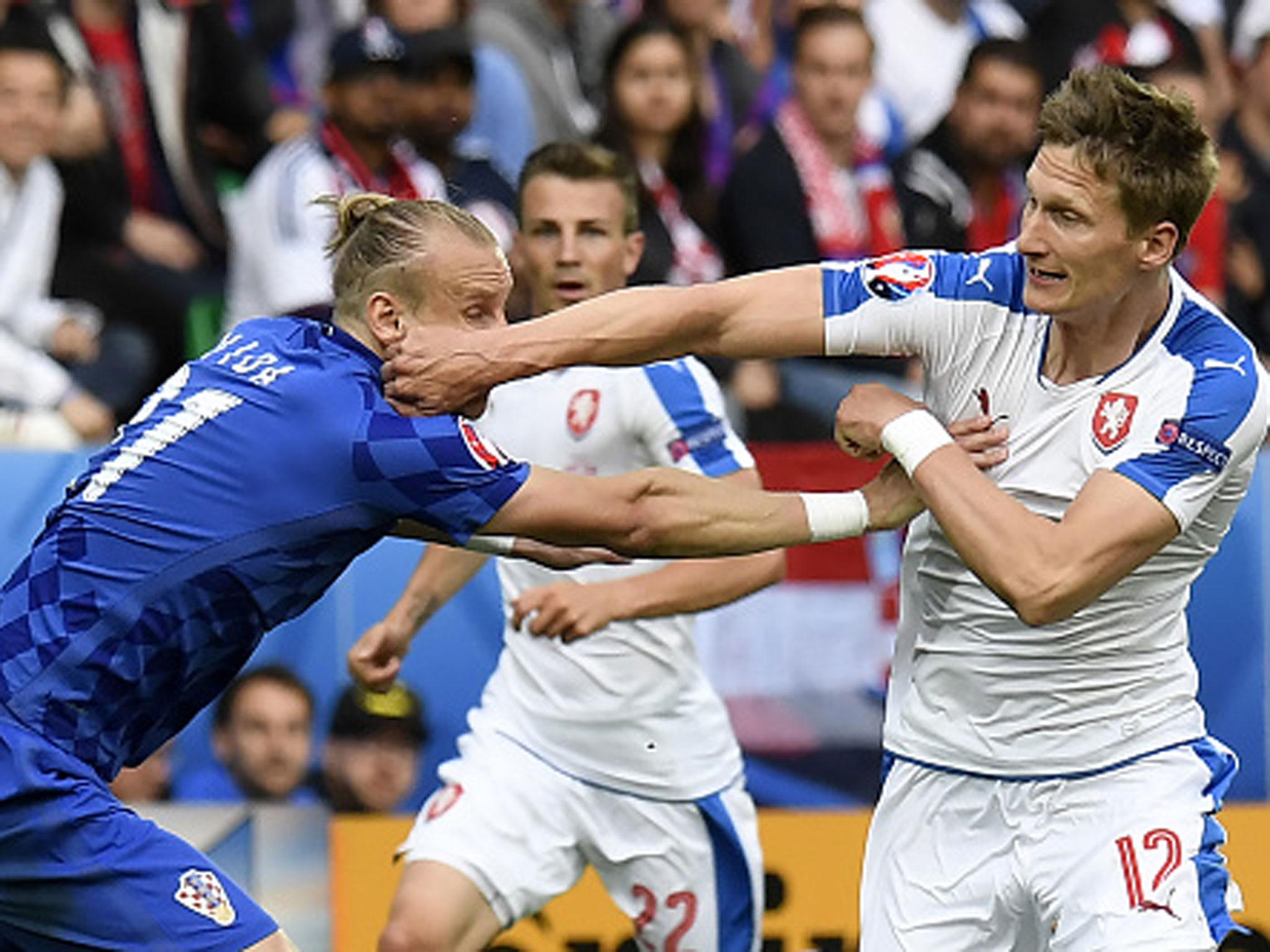 Milan Skoda battles for possession with Croatia's Domagoj Vida in Saint-Etienne on Friday (Getty)