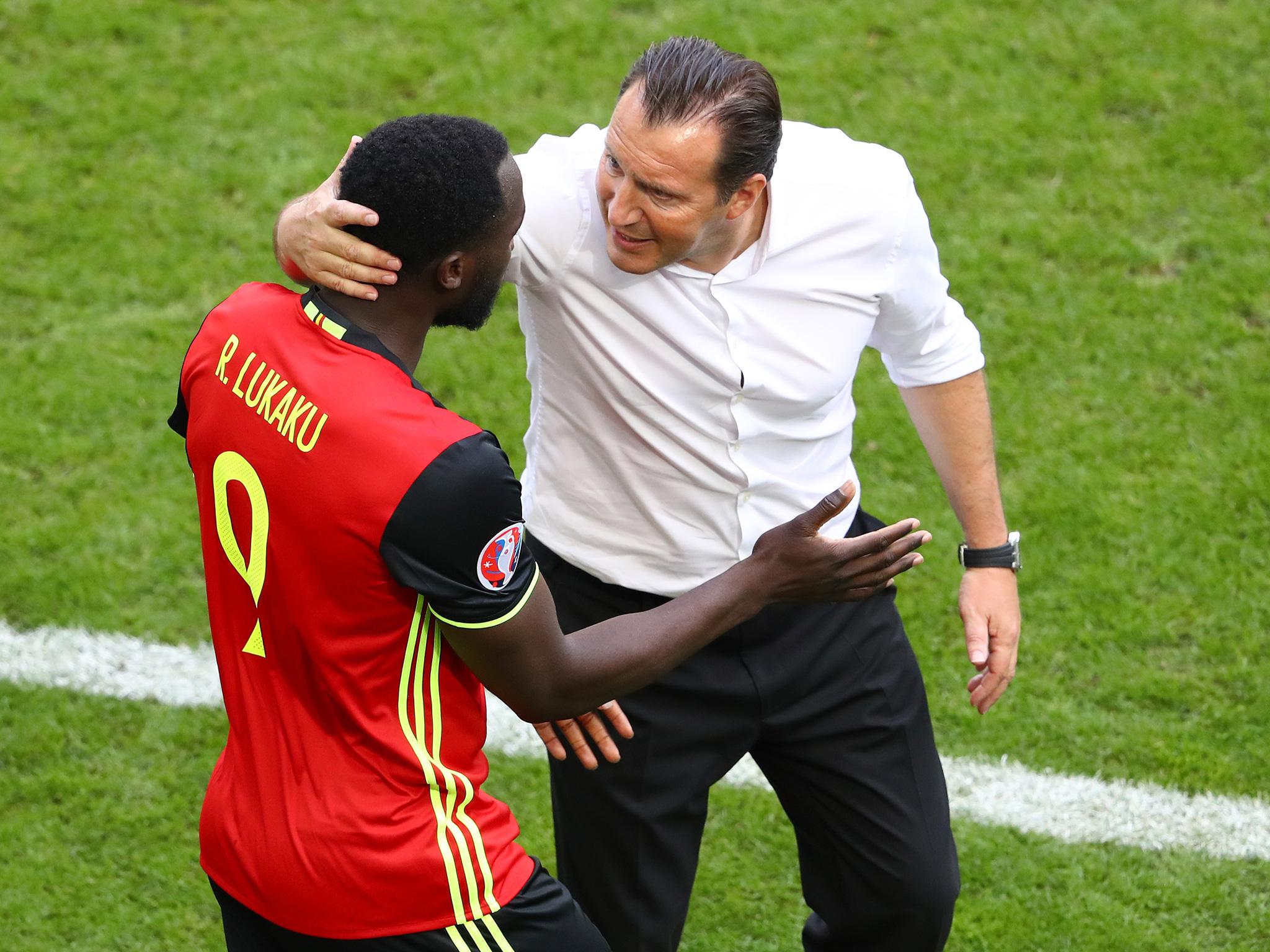 Wilmots congratulates Romelu Lukaku, who scored twice in the 3-0 victory