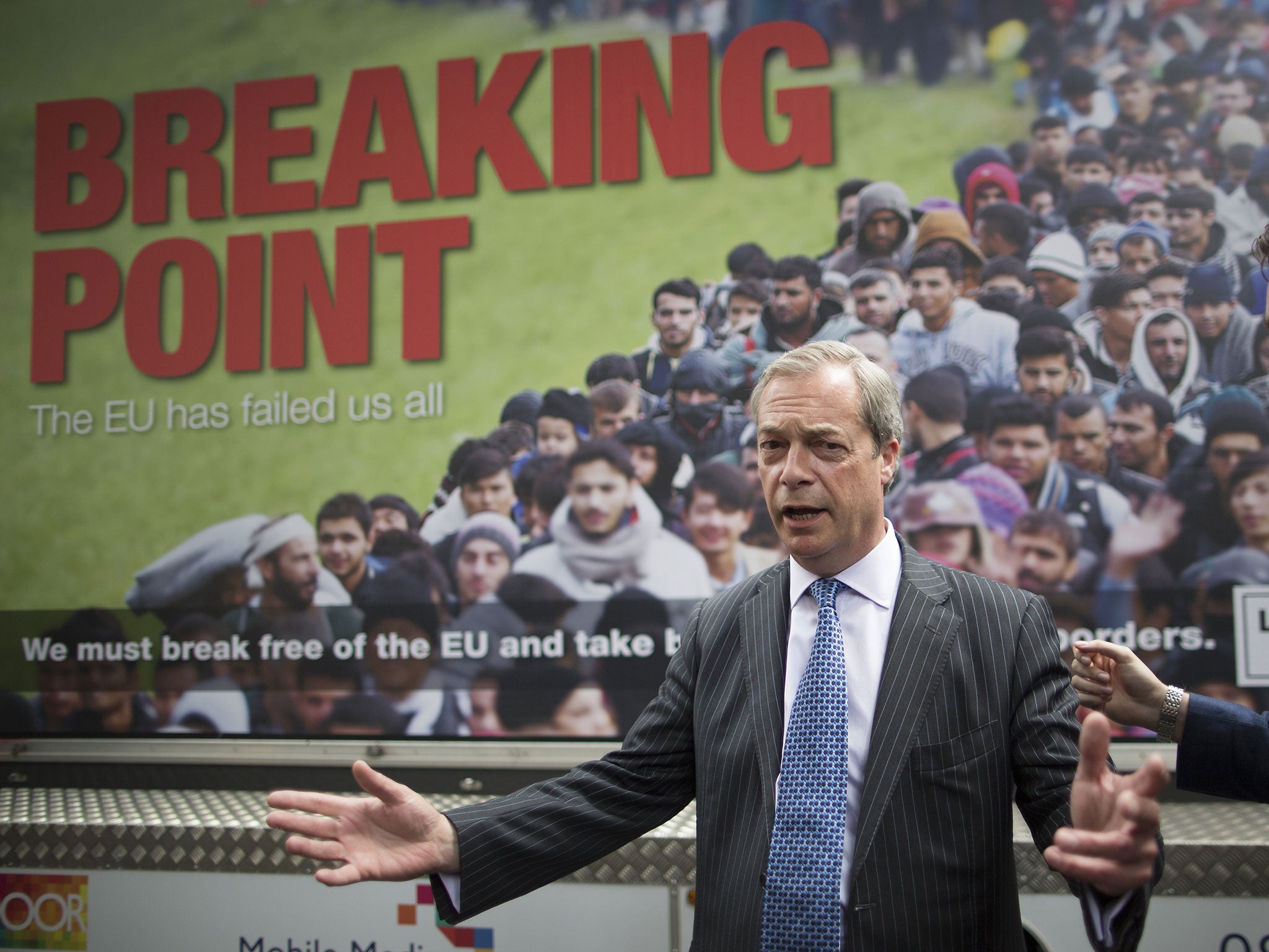 Nigel Farage unveils the infamous ‘Breaking Point’ poster during Britain’s EU referendum campaign