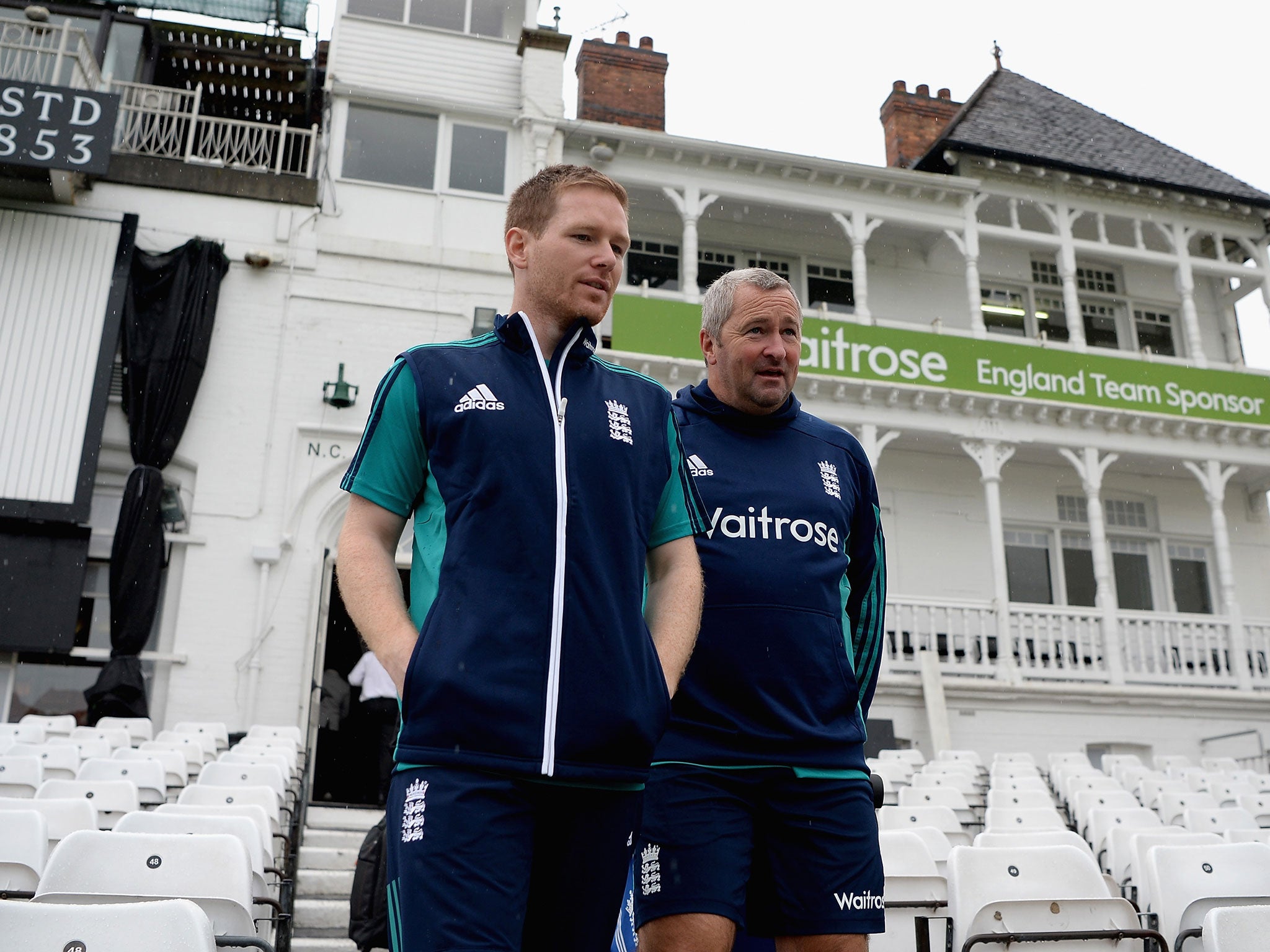 England captain Eoin Morgan and coach Paul Farbrace inspect the Trent Bridge playing area