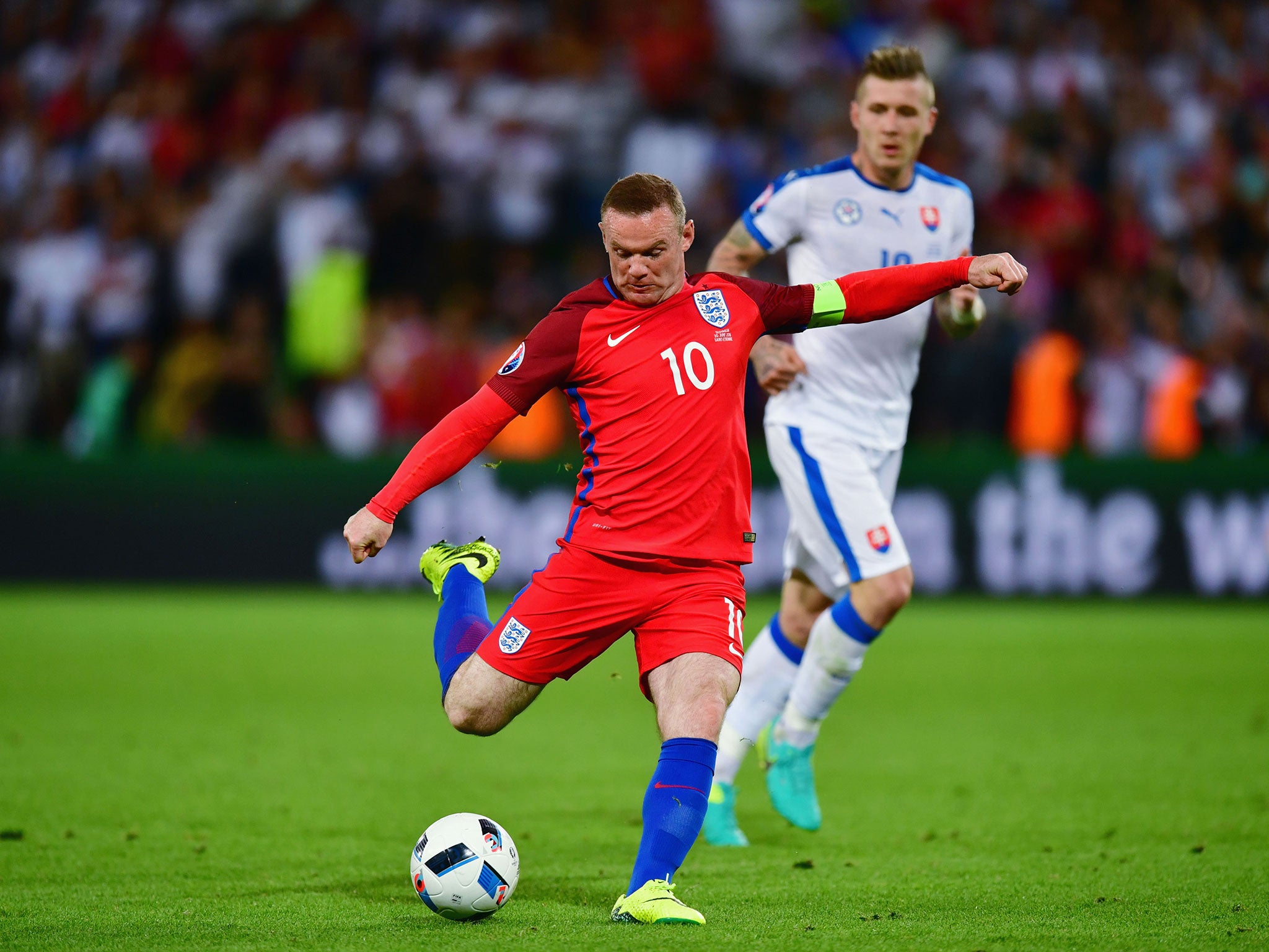 Wayne Rooney strikes at goal in vain against Slovakia