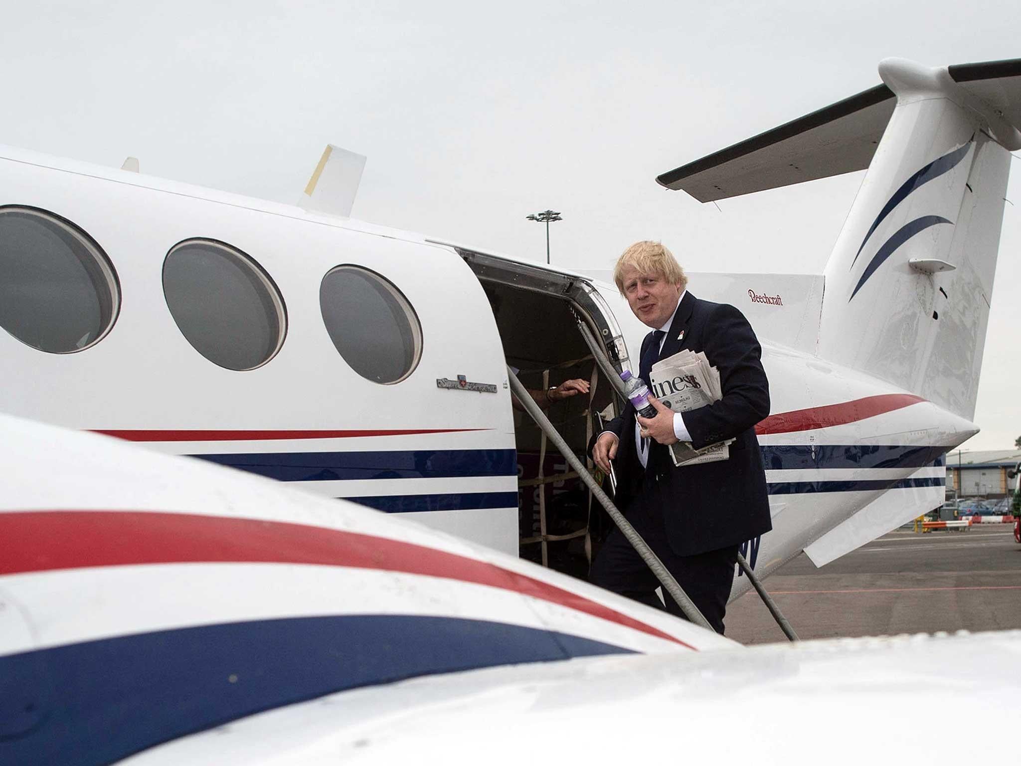 Boris Johnson takes a plane from Southend to East Midlands for a final day of campaigning around the country on behalf of Vote Leave before the EU Referendum