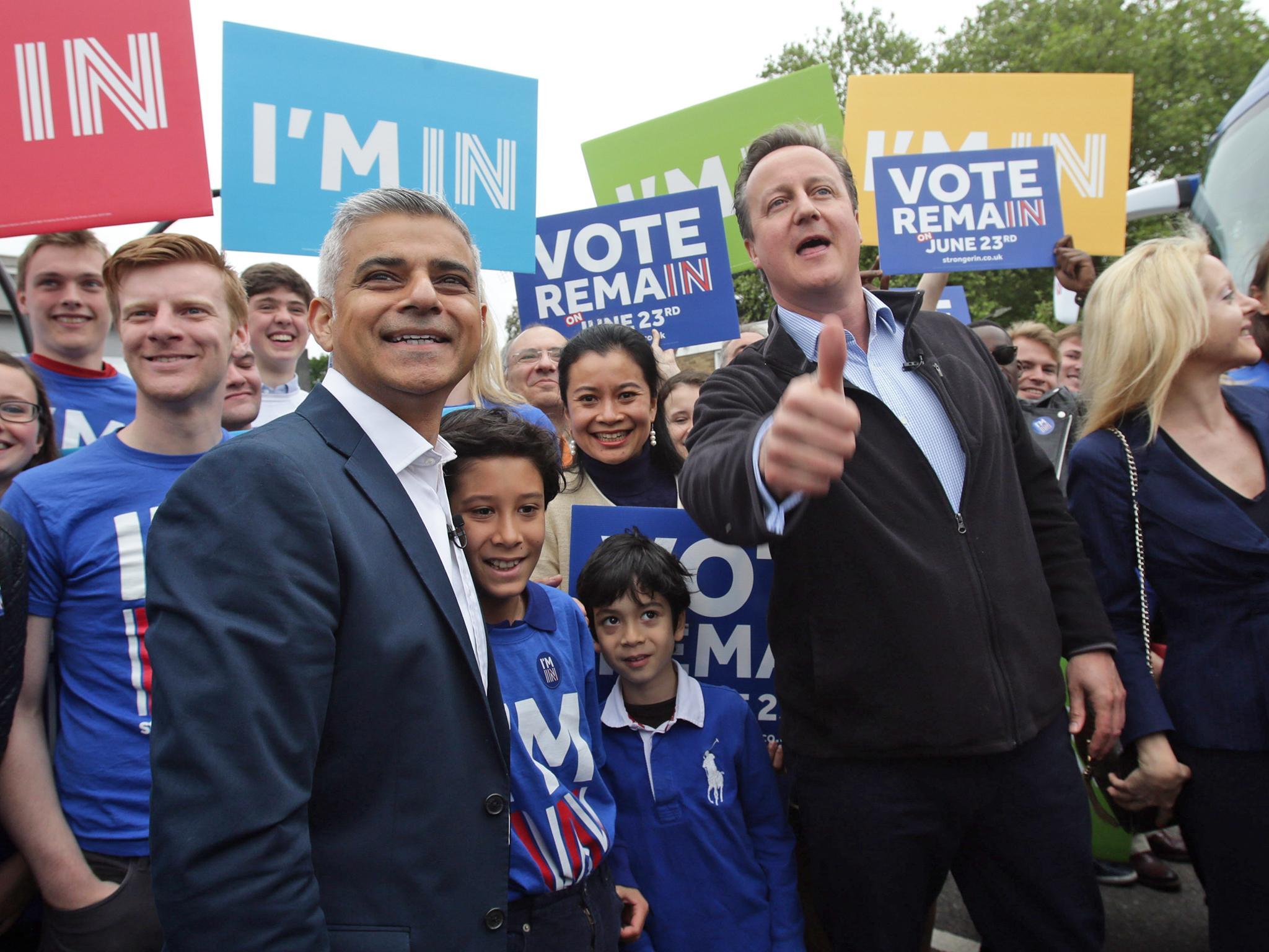 David Cameron makes a joint appearance with Sadiq Khan as part of the Remain campaign