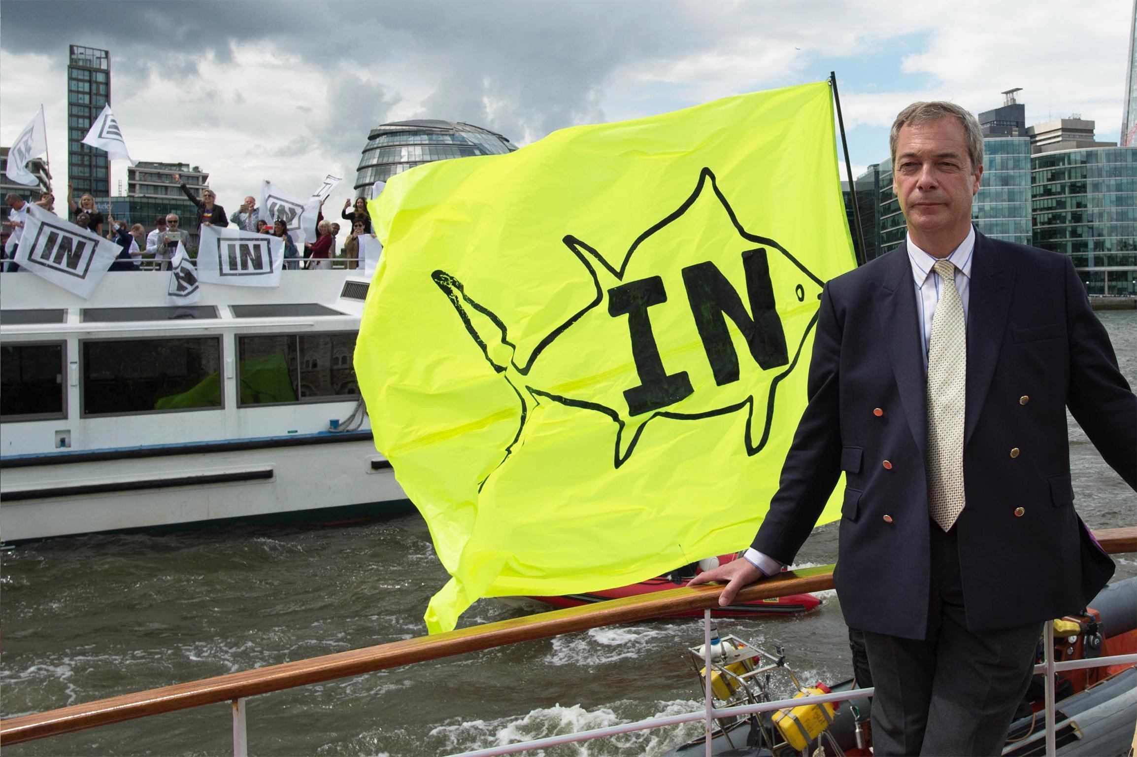 Ukip leader Nigel Farage on board a boat taking part in a Fishing for Leave pro-Brexit "flotilla" on the River Thames, London.Wednesday June 15, 2016