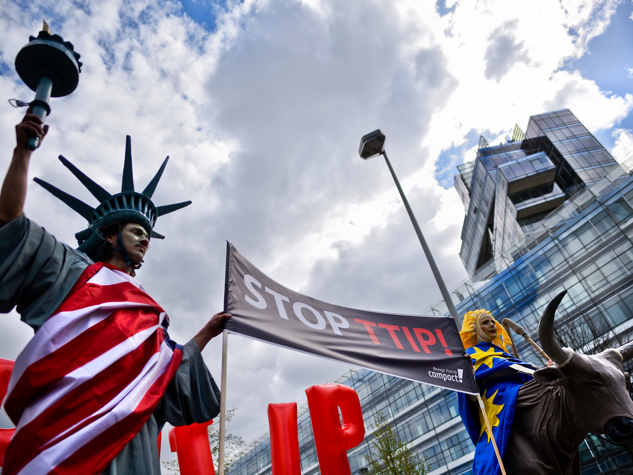 Protesters rally against TTIP during Barack Obama's visit to Germany in April 2016