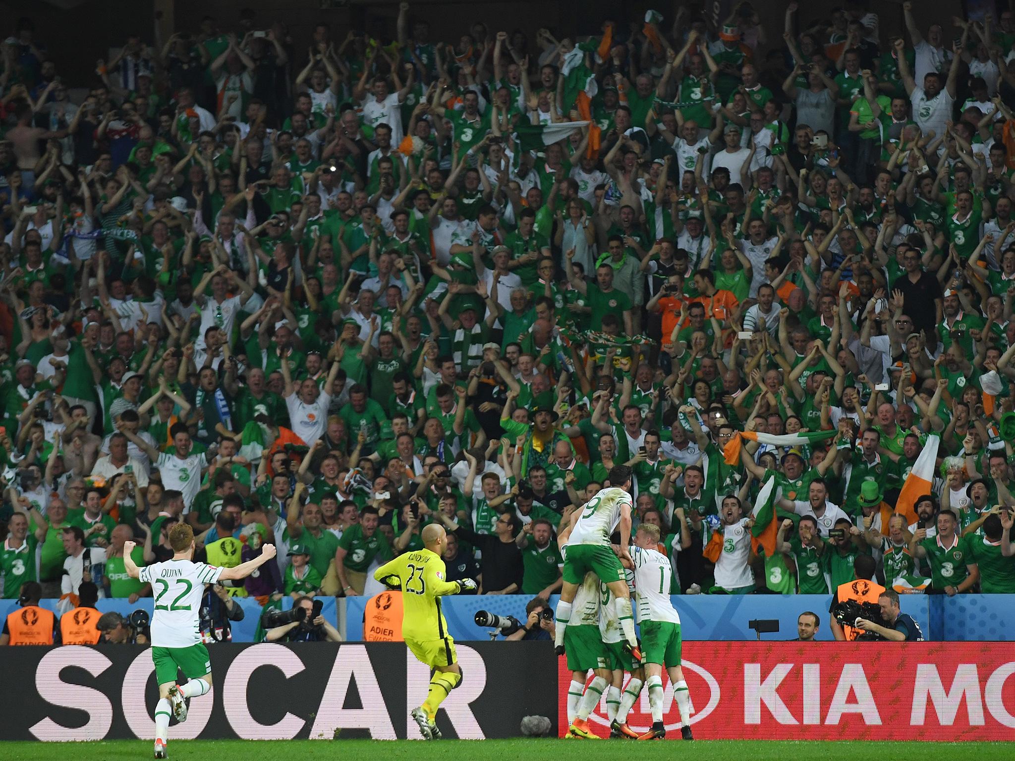 Ireland celebrate their late victory in front of their vocal support