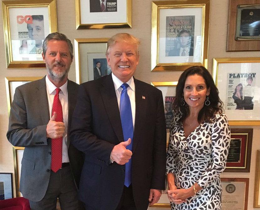 Mr Falwell and his wife posed with Mr Trump after he met with religious leaders