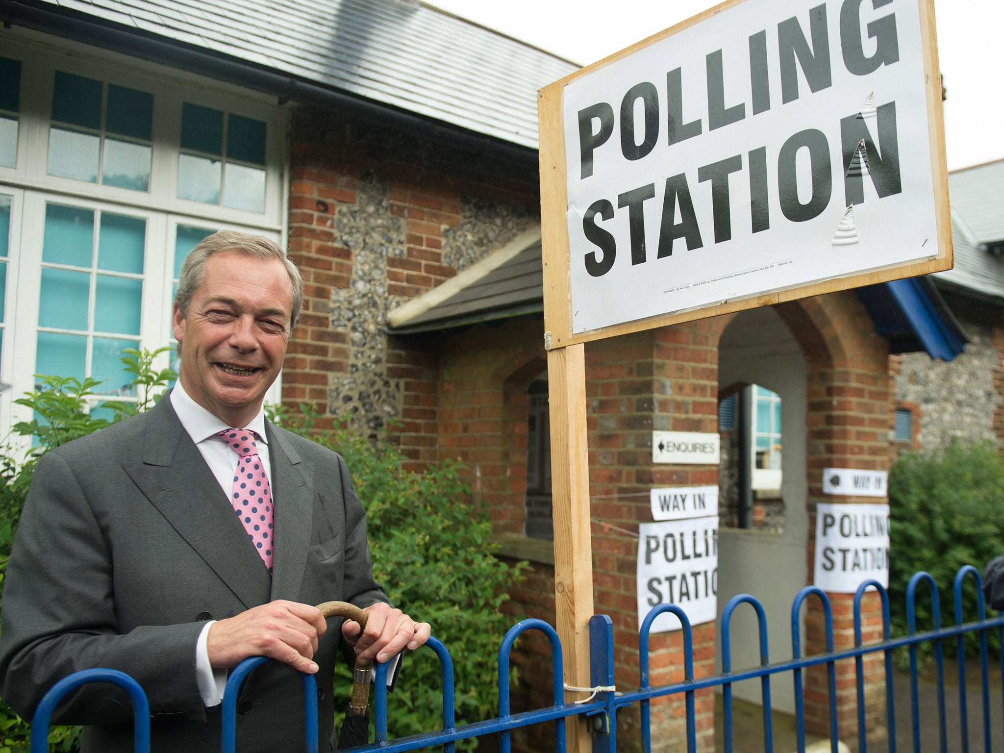 Nigel Farage arrives to cast his vote in the EU Referendum at a polling station in Biggin Hill on 23 June 2016.