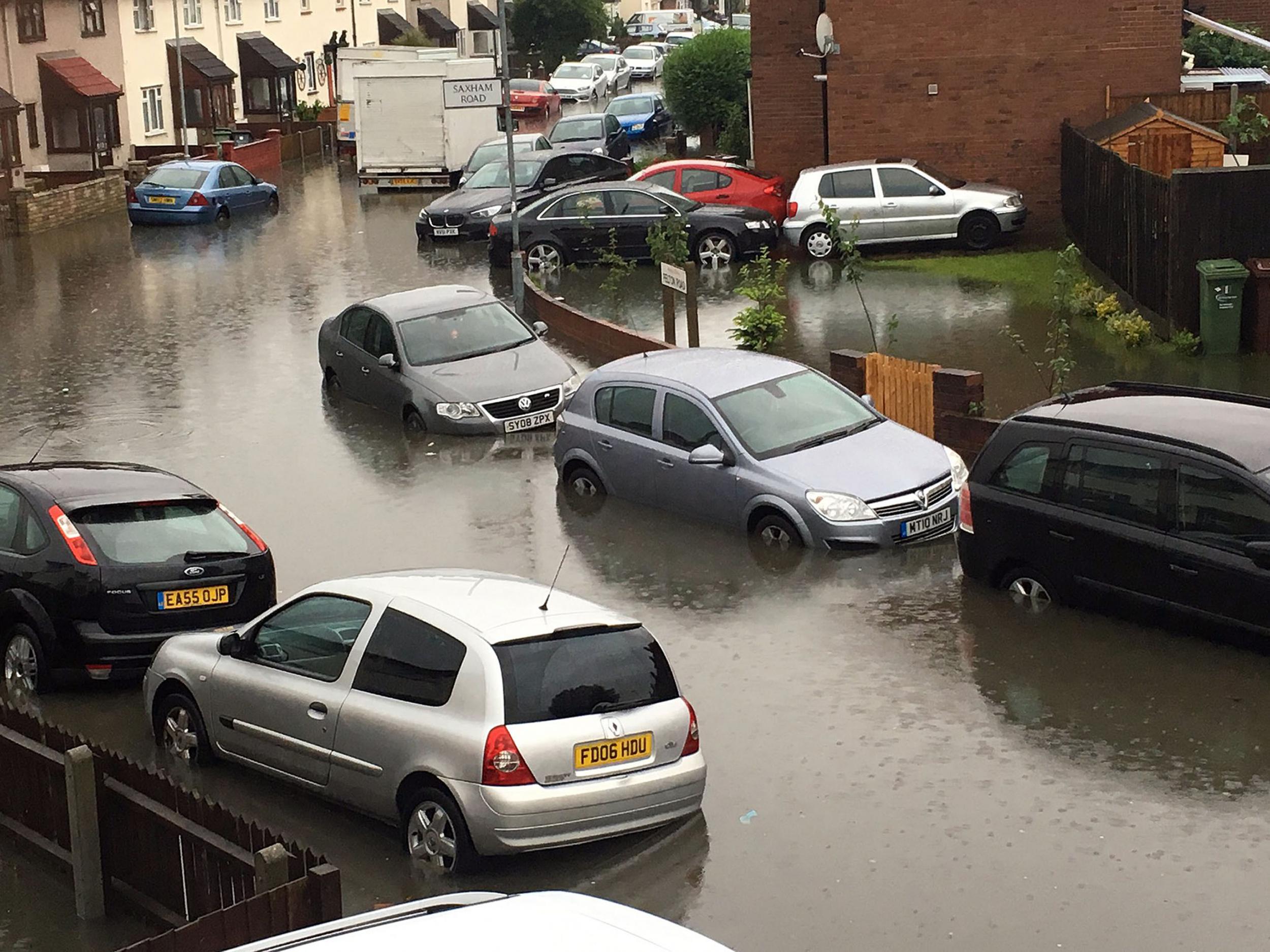 Cars stranded on a residential street in Barking, Essex