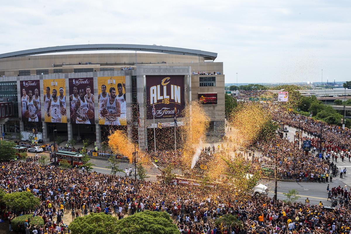 Fans at Quicken Loans Arena celebrate the Cleveland Cavaliers 2016 NBA Championship.