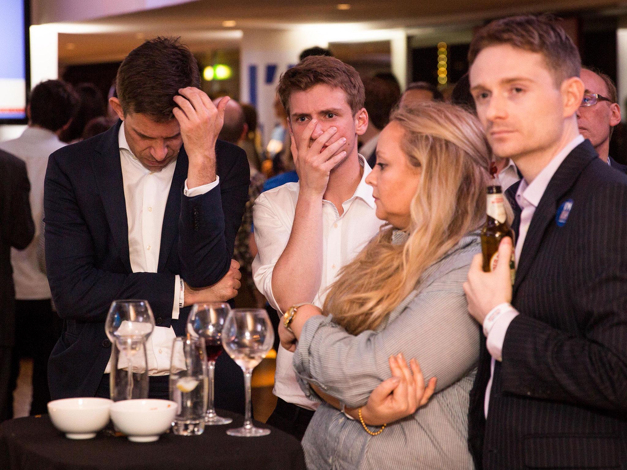 Supporters of the Stronger In Campaign react to early results